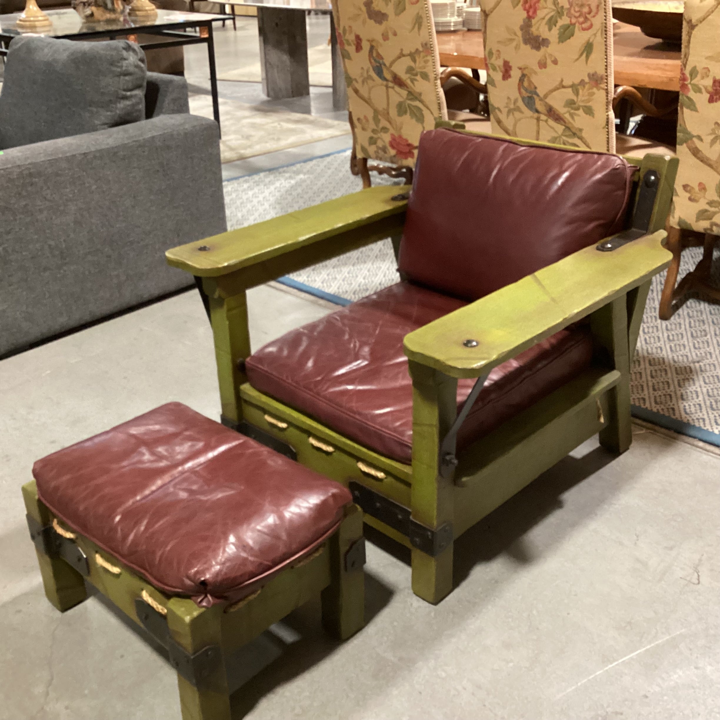 Art in Fine Forms Custom Spanish Green Alder Iron & Rope Leather Cushions with Ottoman Chair 35"x 36" 31"