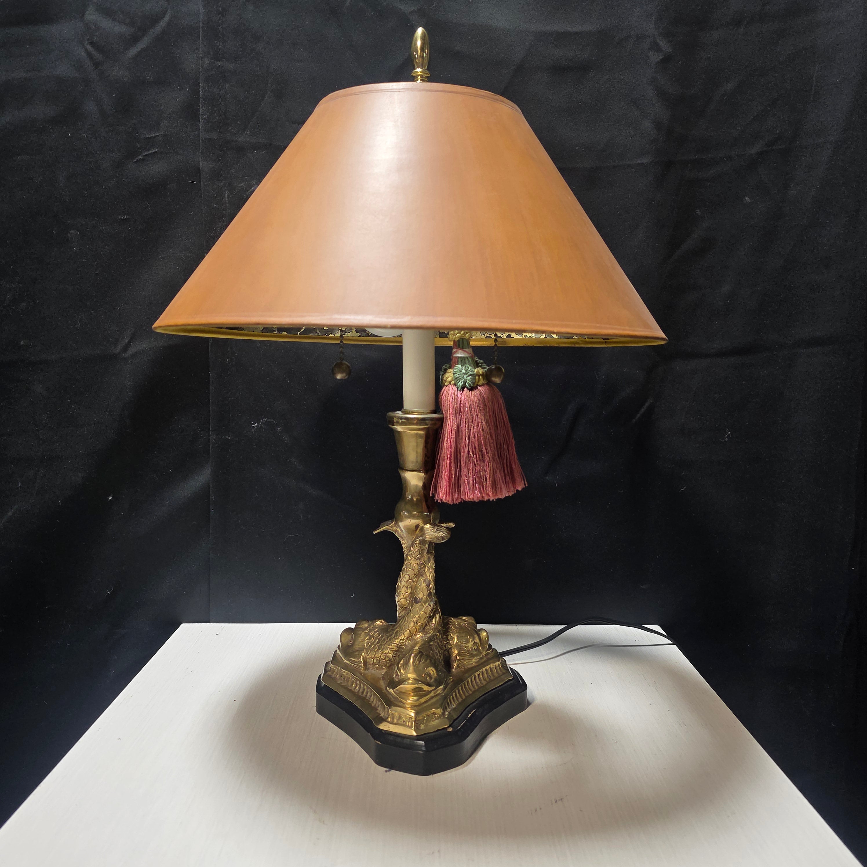 Vintage 3 Koi Fish Brass Two Light Lamp with Tassle 15"Dx21"