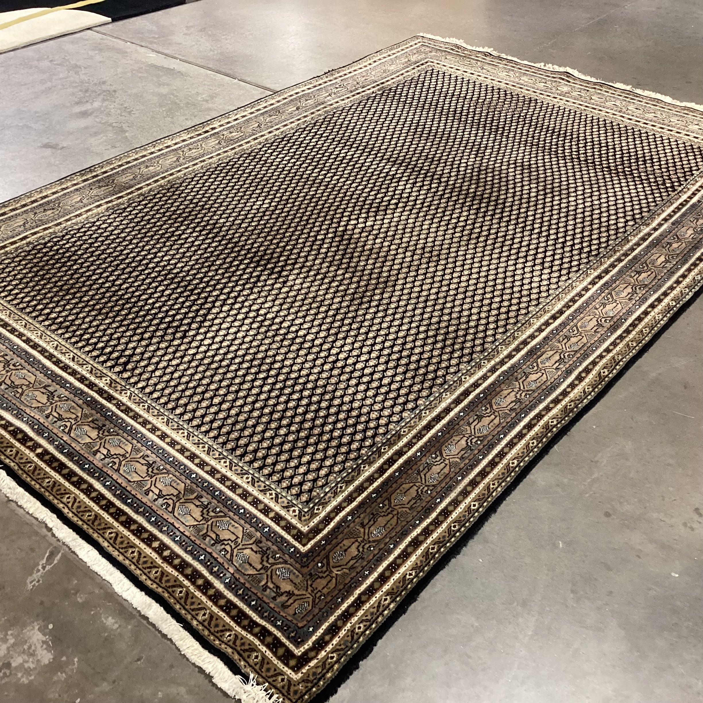 Cream Black Blue Taupe Olive Indo Mir Boteh Motif Hand Woven Wool Rug 6"x 9'4"