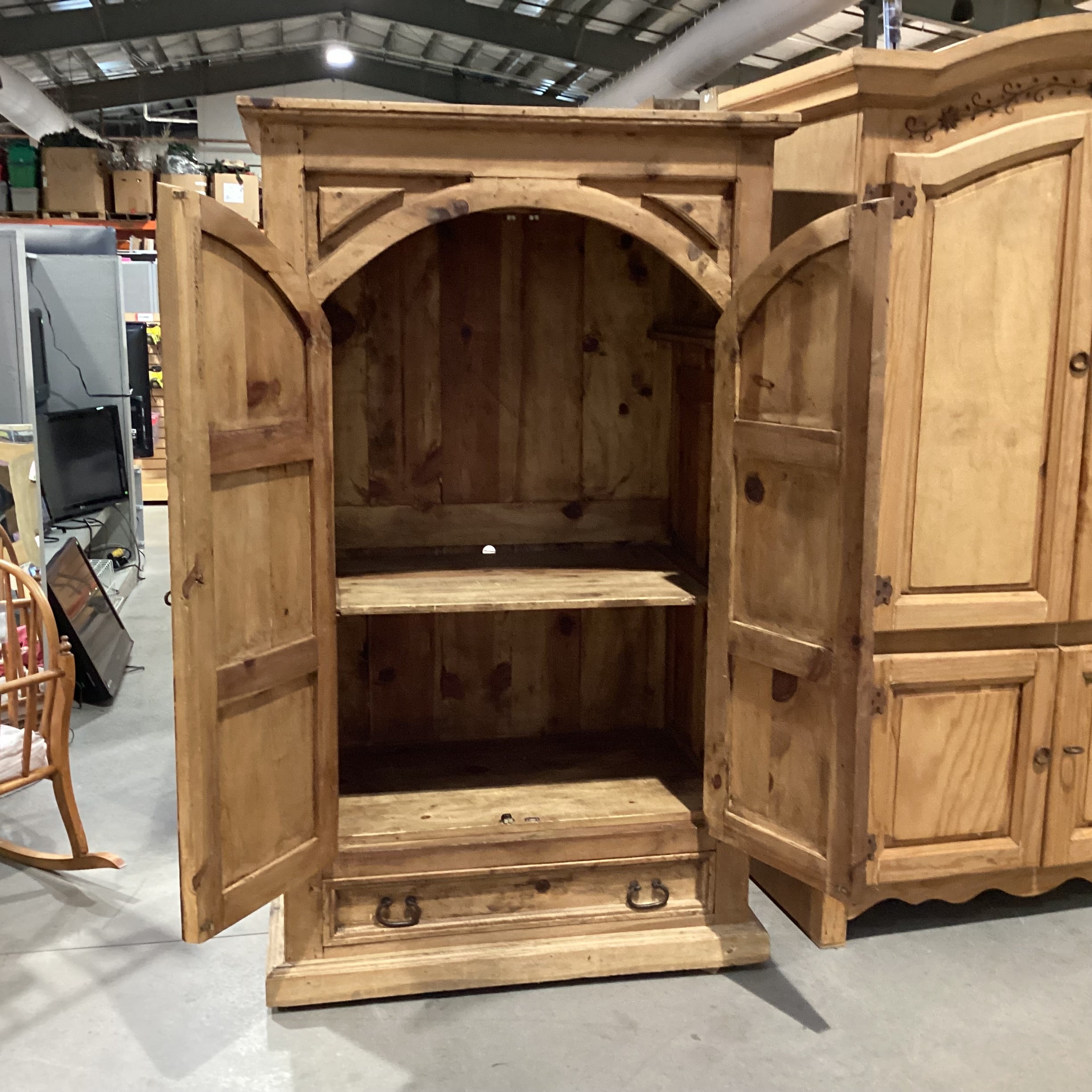 Rustic Pine with Carved Panel Detail 2 Door with Bottom Drawer Armoire 43"x 26.5"x 72"
