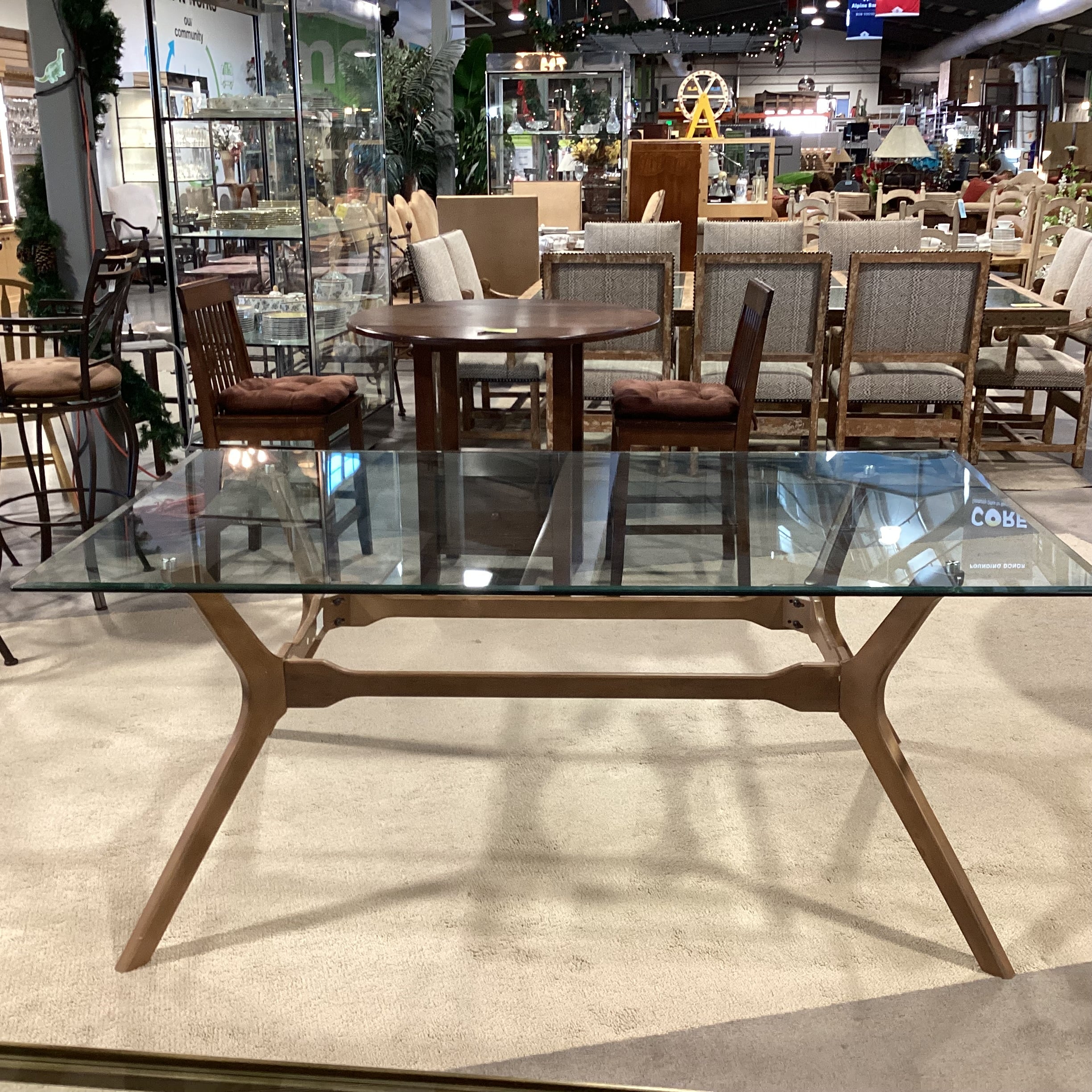 Mid Century Style Wood Base & Glass Dining Table 72"x 42"x 29.5"