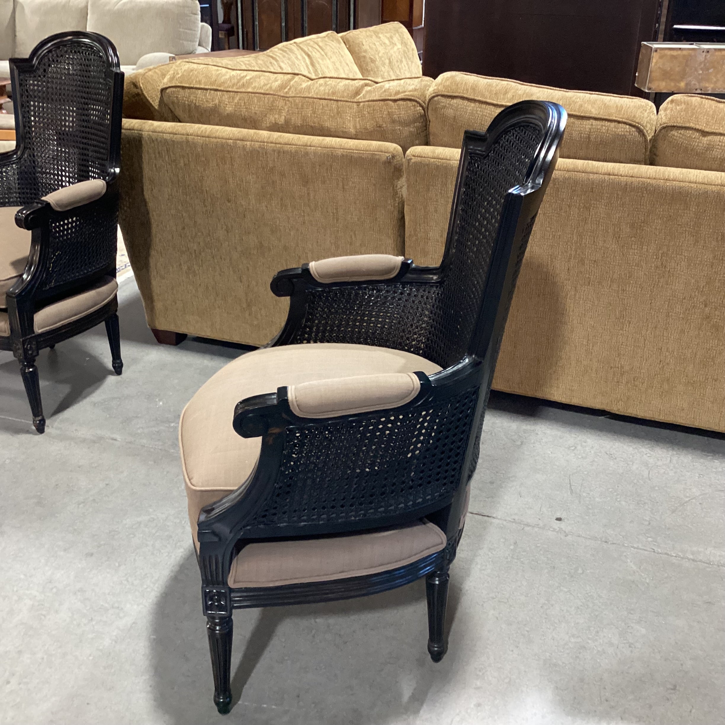 Black French Caning & Carved Wood with Taupe Brown Down Mix Upholstered Chair 26"x 24"x 40"