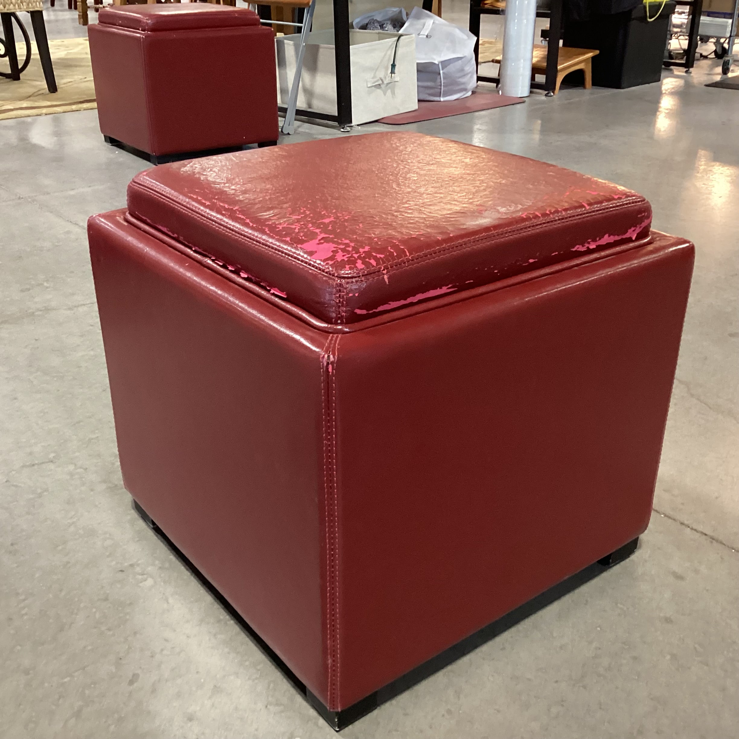 Red Leather Flip Top to Tray Storage Cube Ottoman 18"x 18"x 18"