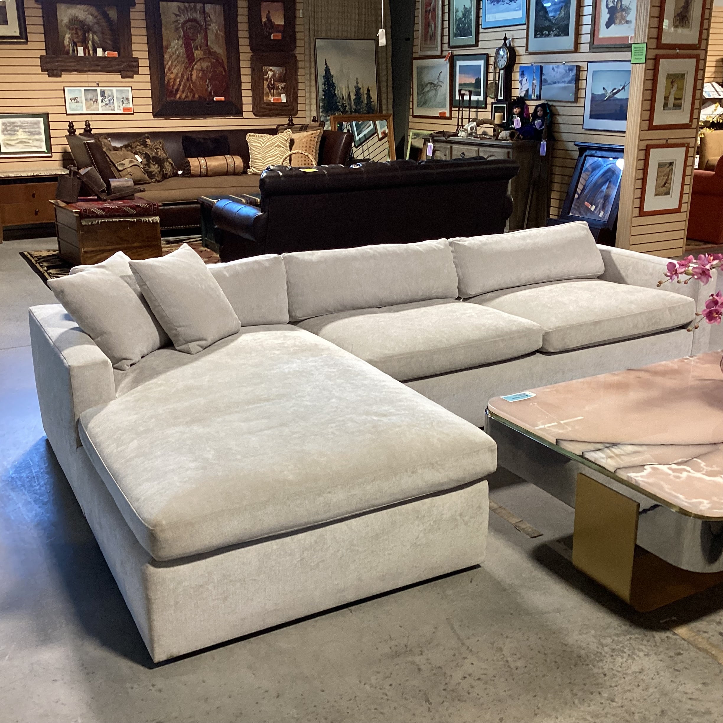 Henry Custom Upholstery Silver Dove Grey Velvet 2 Piece Modern Sectional 121"x 74"x 37"x 24"