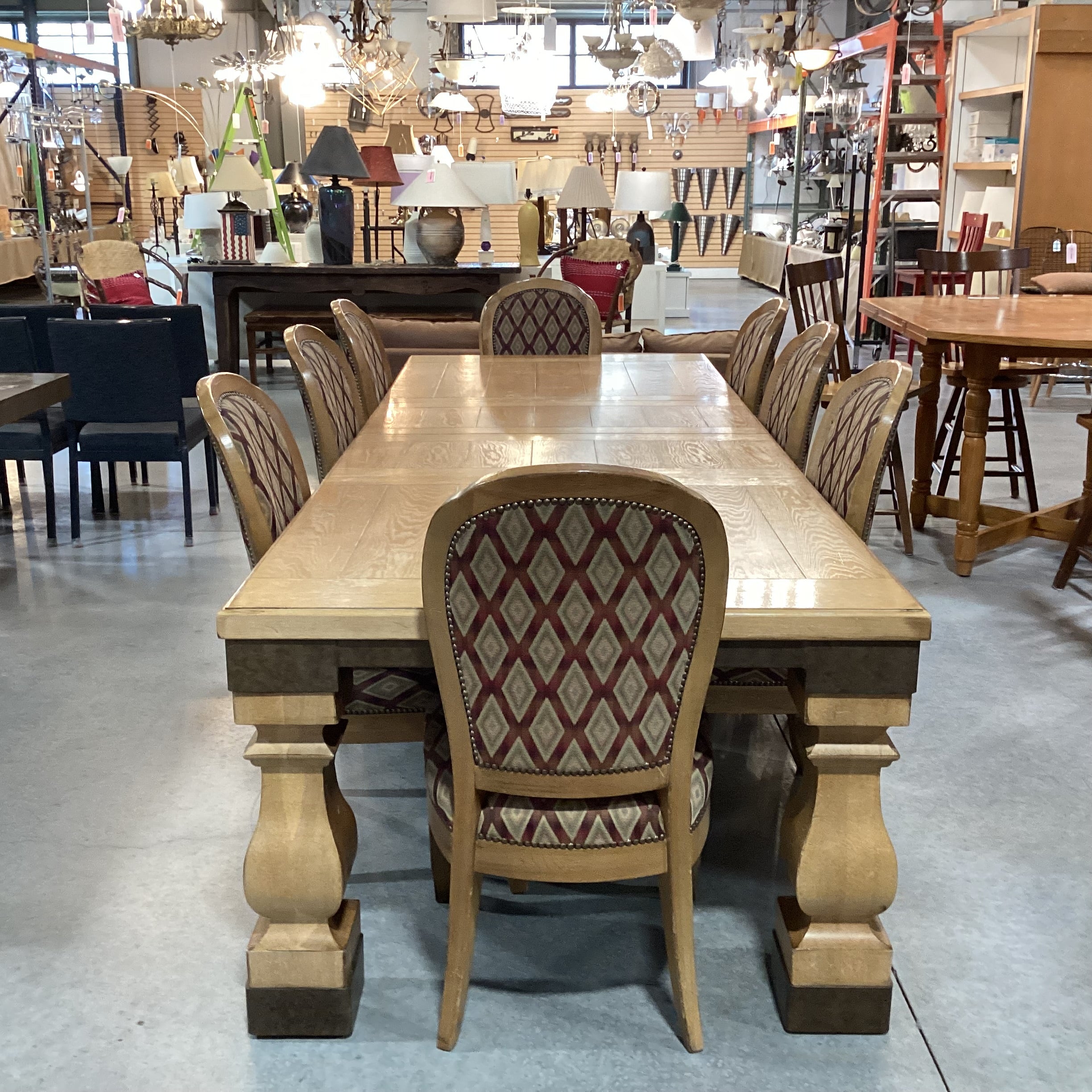 Light Finish Wood & Metal Edge Detail 2 Leaves Table with 8 Diamond Upholstered Chairs Dining Set 78" to 118"x 44"x 30.5"