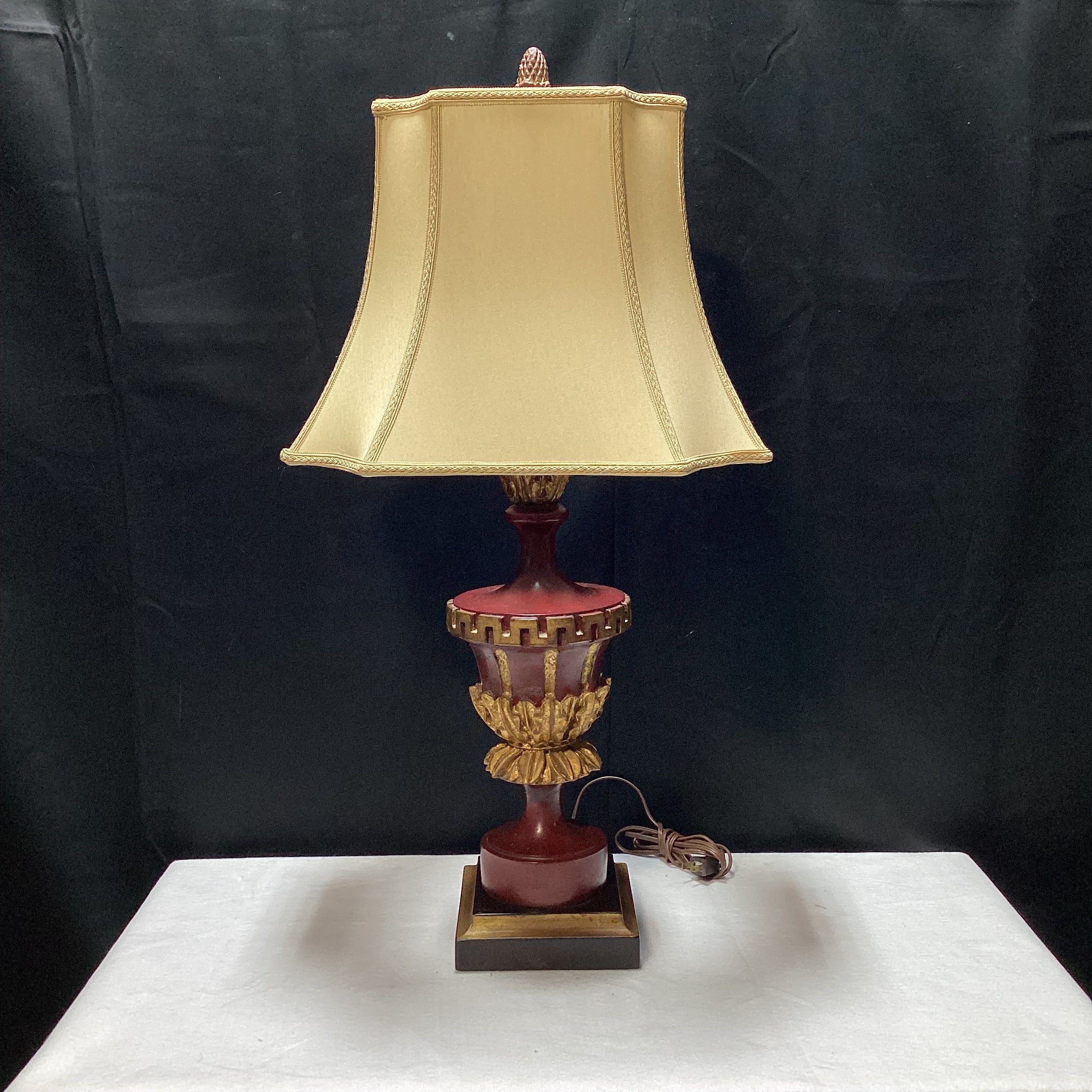 Red Neoclassical Style Table Lamp With Gold Accents And Shade 18" x 33" x 7"