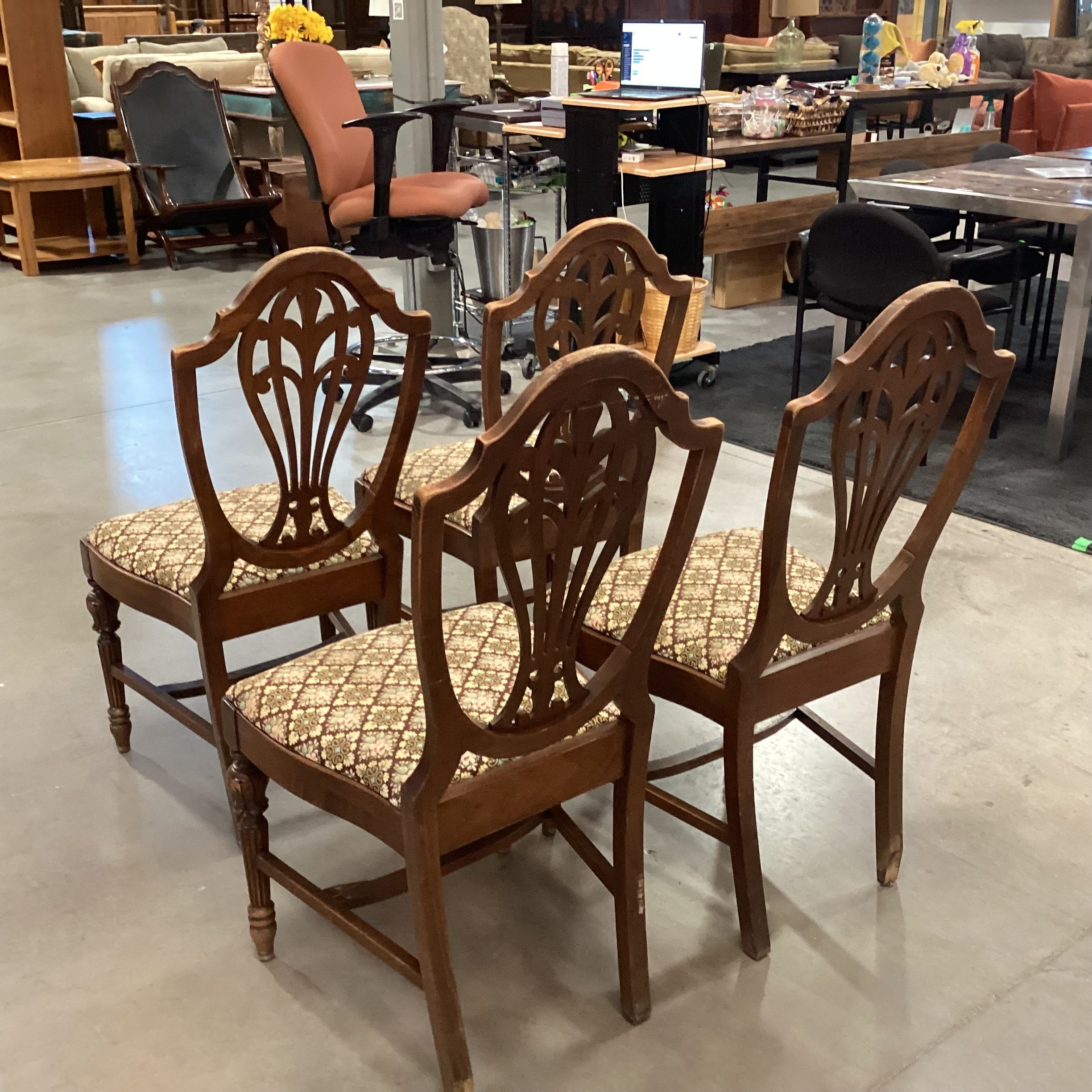 SET of 4 Antique Carved Wood Harp Back & Floral Upholstered Seat Dining Chairs 19"x 19"x 40"
