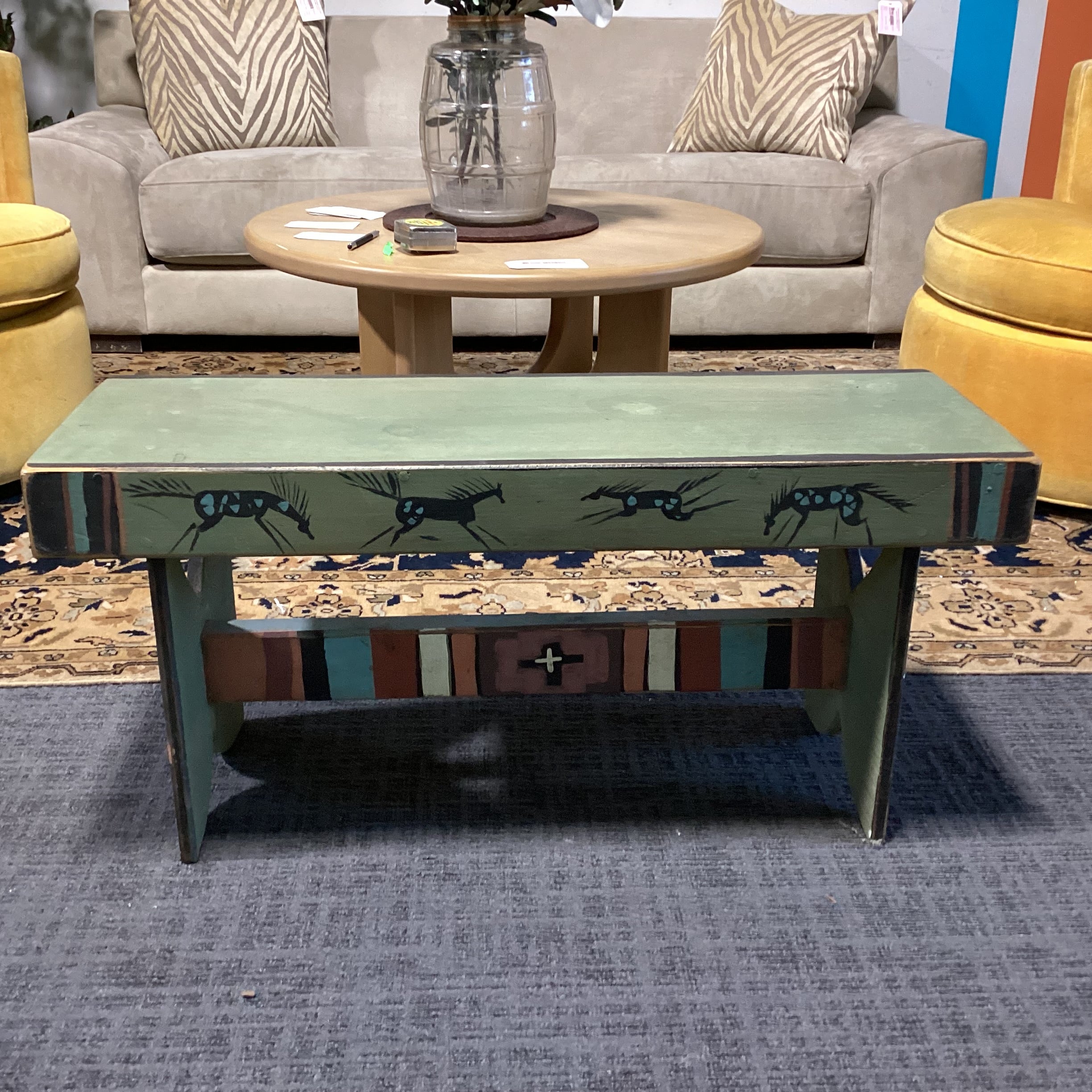 Southwest with Horses Green Rust Black Wood Bench 36"x 12.5"x 17"