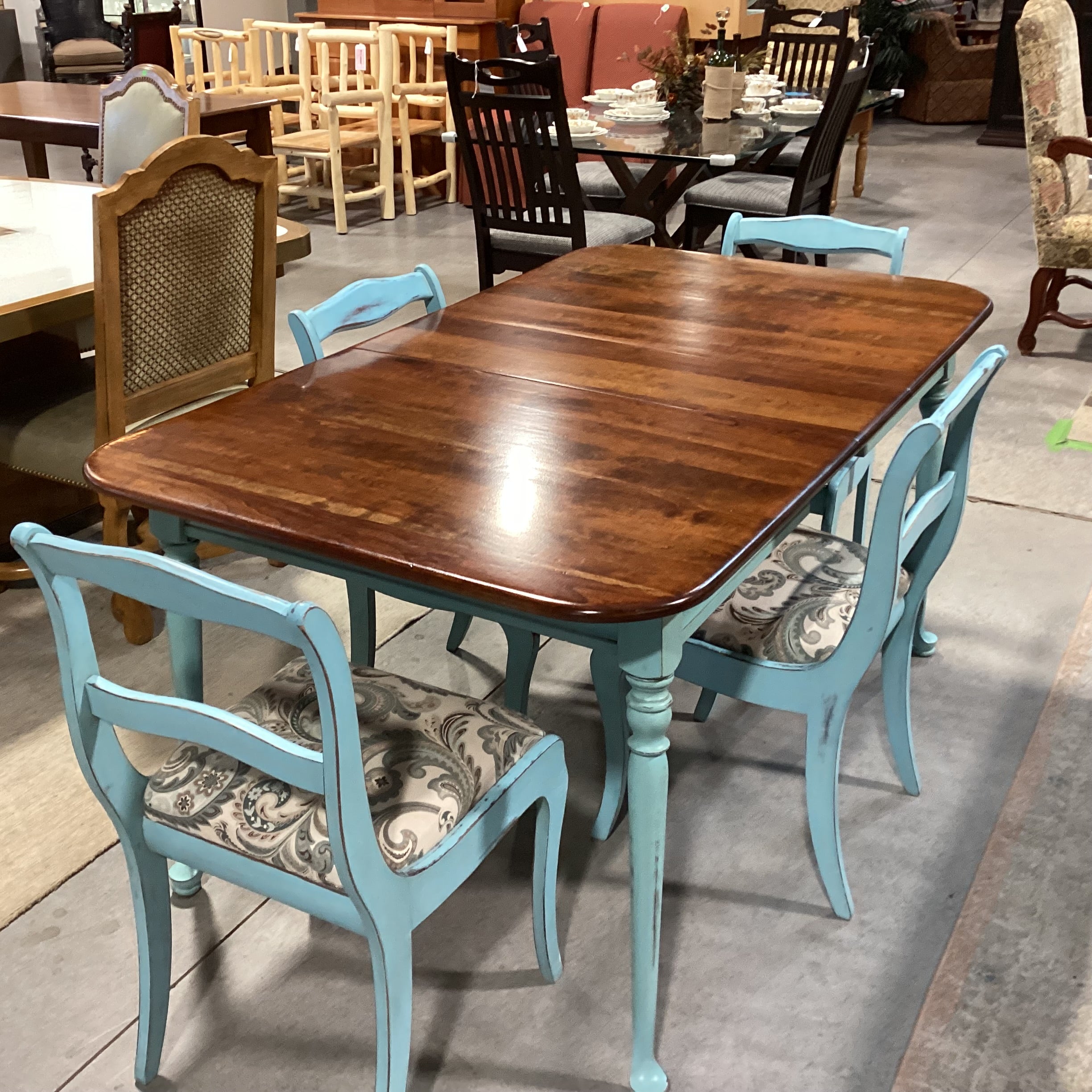 Antique Refinished Blue & Wood Table with 4 Chairs Dining Set 52"x 36"x 30.5"