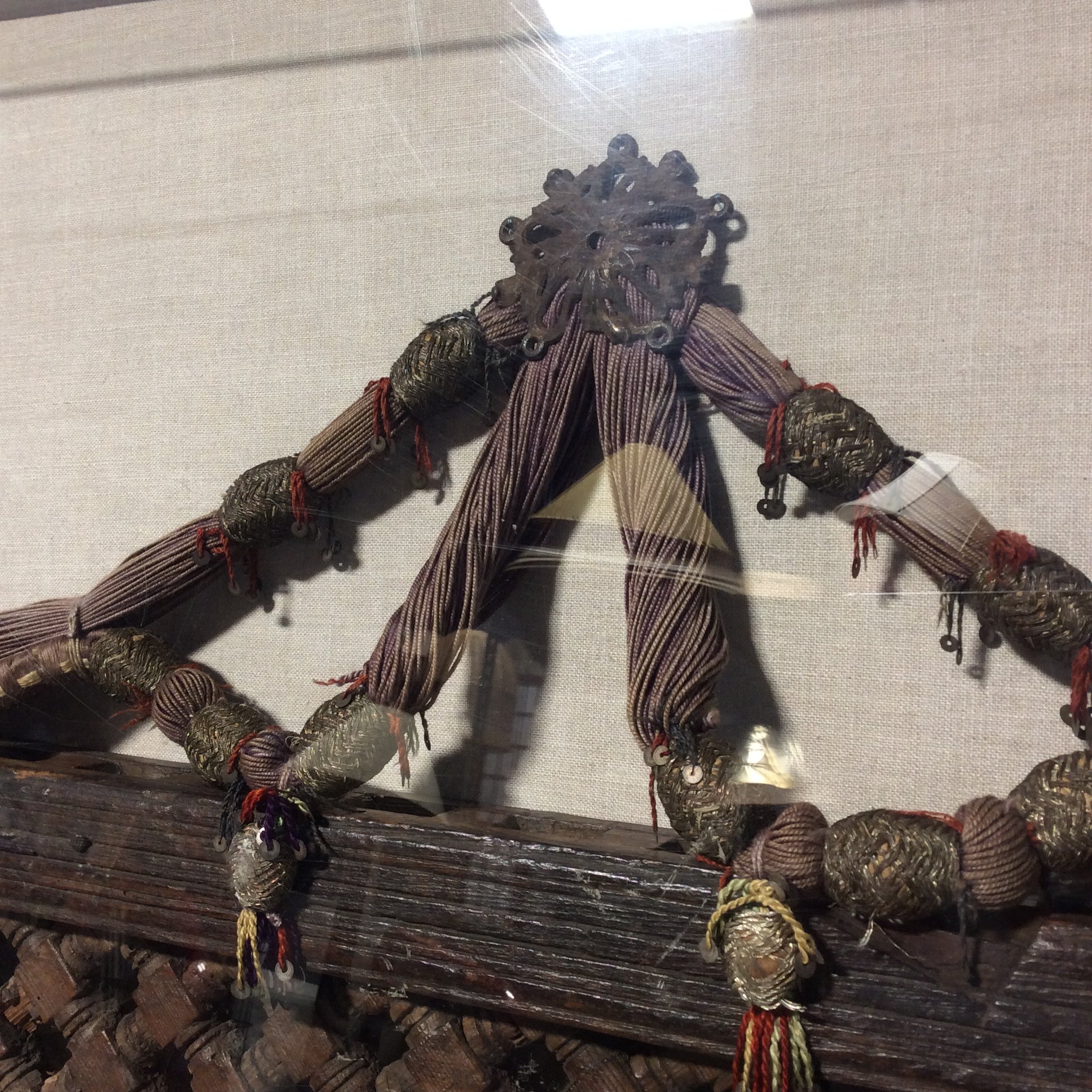 Antique Hand-Carved Wood With Ornamental Fabric Hanger/Attachment In Plexiglass Shadow Box 36" x 25"