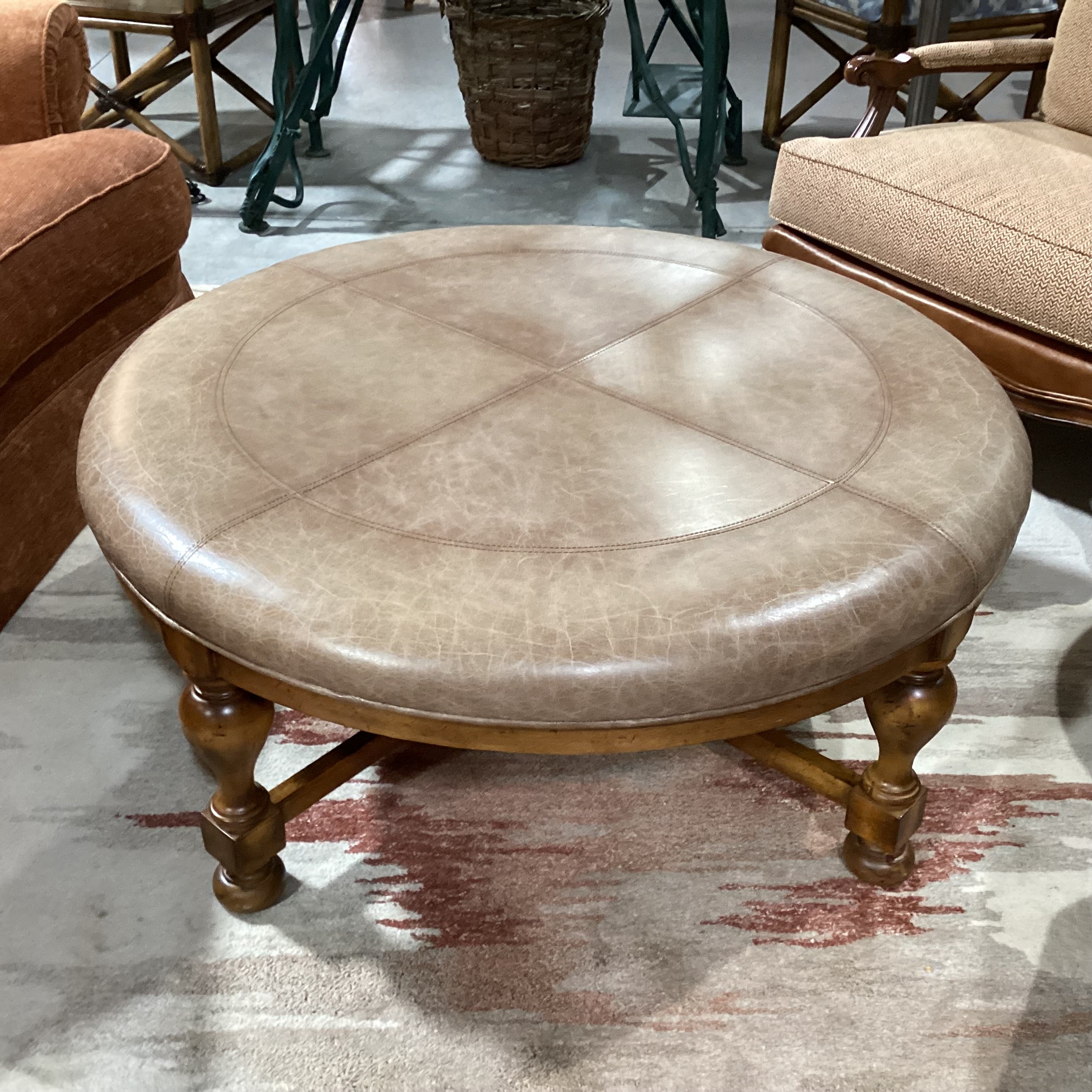 Carved Wood & Distressed Leather Round Ottoman 45" Diameter x 19.5"
