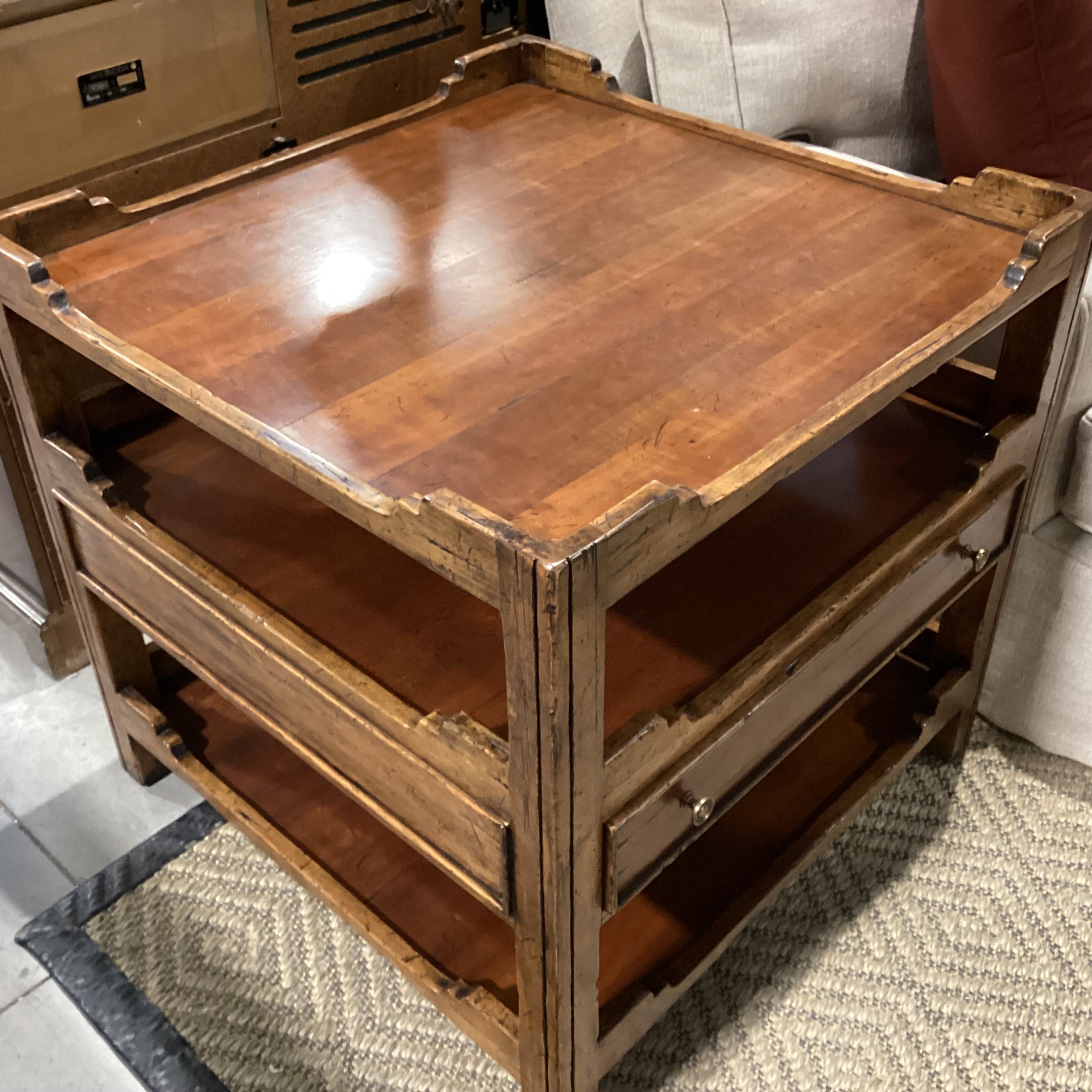 Distressed Carved Wood 3 Tiered 1 Drawer Accent Table 30"x 30"x 29.5"