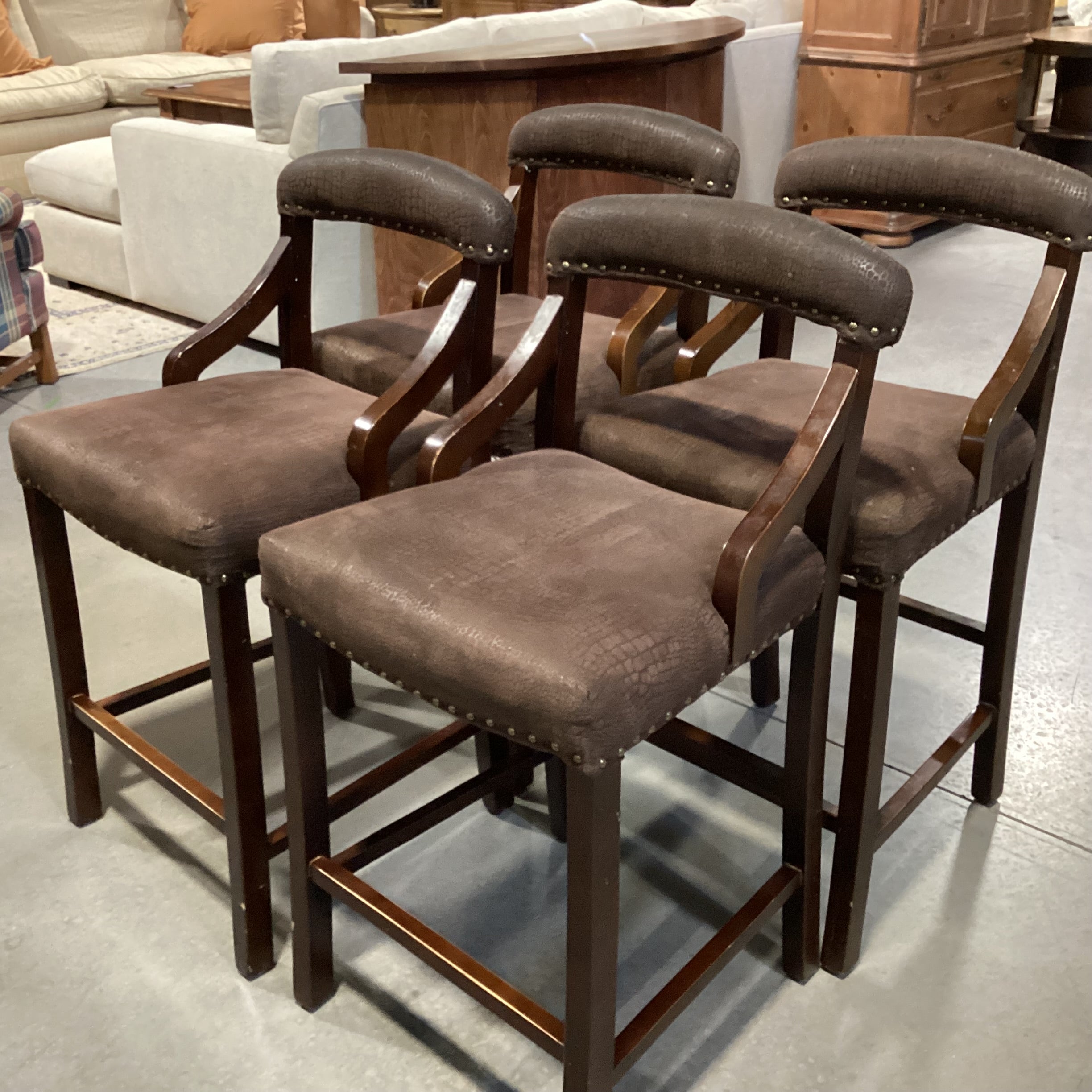 SET of 4 Pier 1 Imports Wood & Croc Style Micro Suede with Nailhead Barstools 26"
