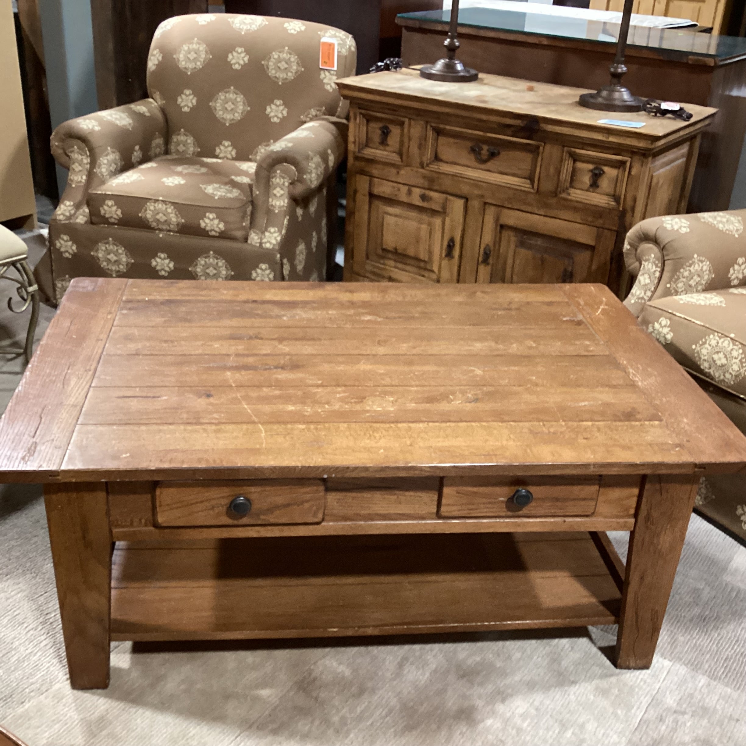 Attic Heirlooms by Broyhill Distressed Finish Wood 2 Drawer with Bottom Shelf Coffee Table 50"x 32"x 19.5"