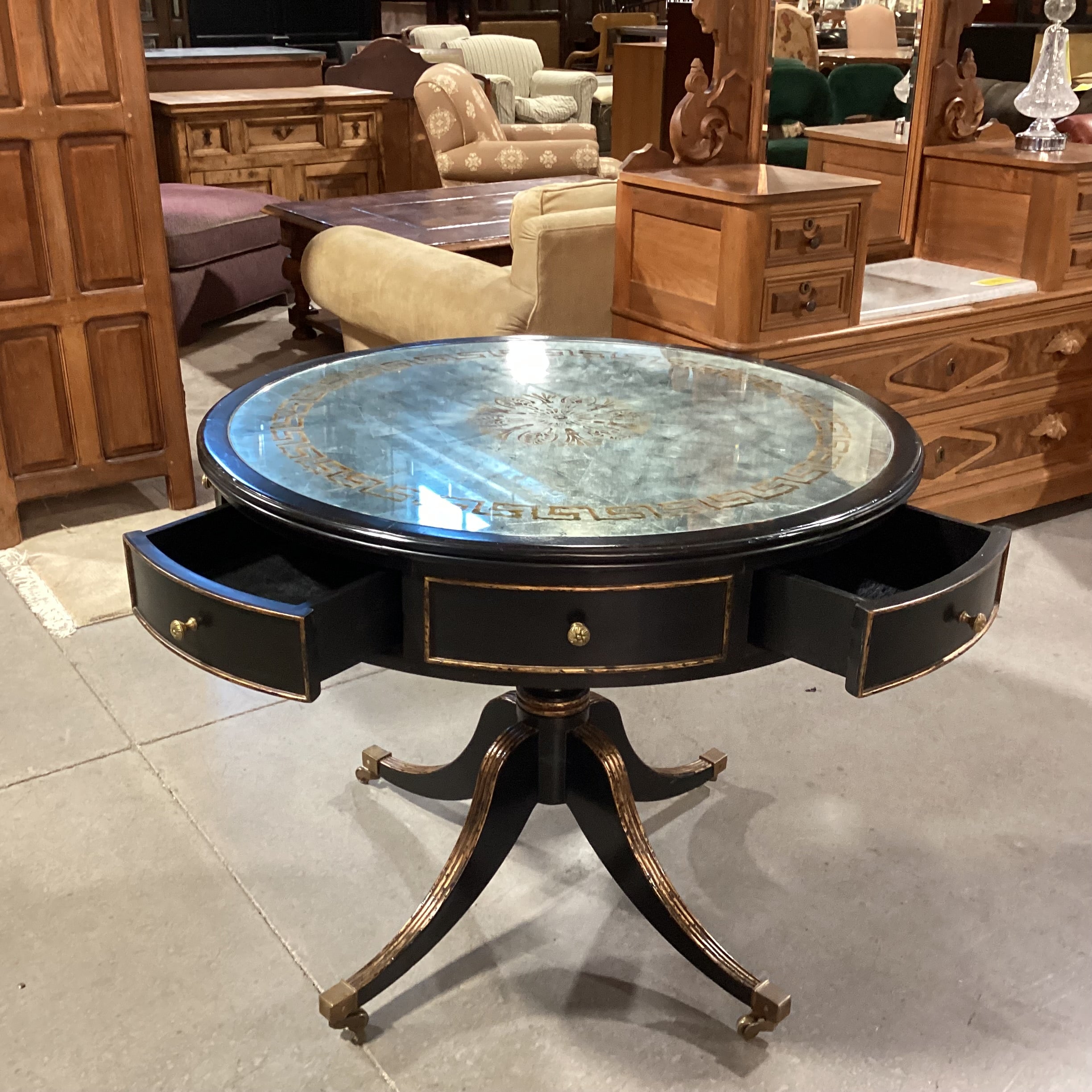 Black Gilded Gold Accent Wood & Gold Silver Antiqued Glass Top 4  Drawer with Casters Accent Table 37" Diameter x 30.5"
