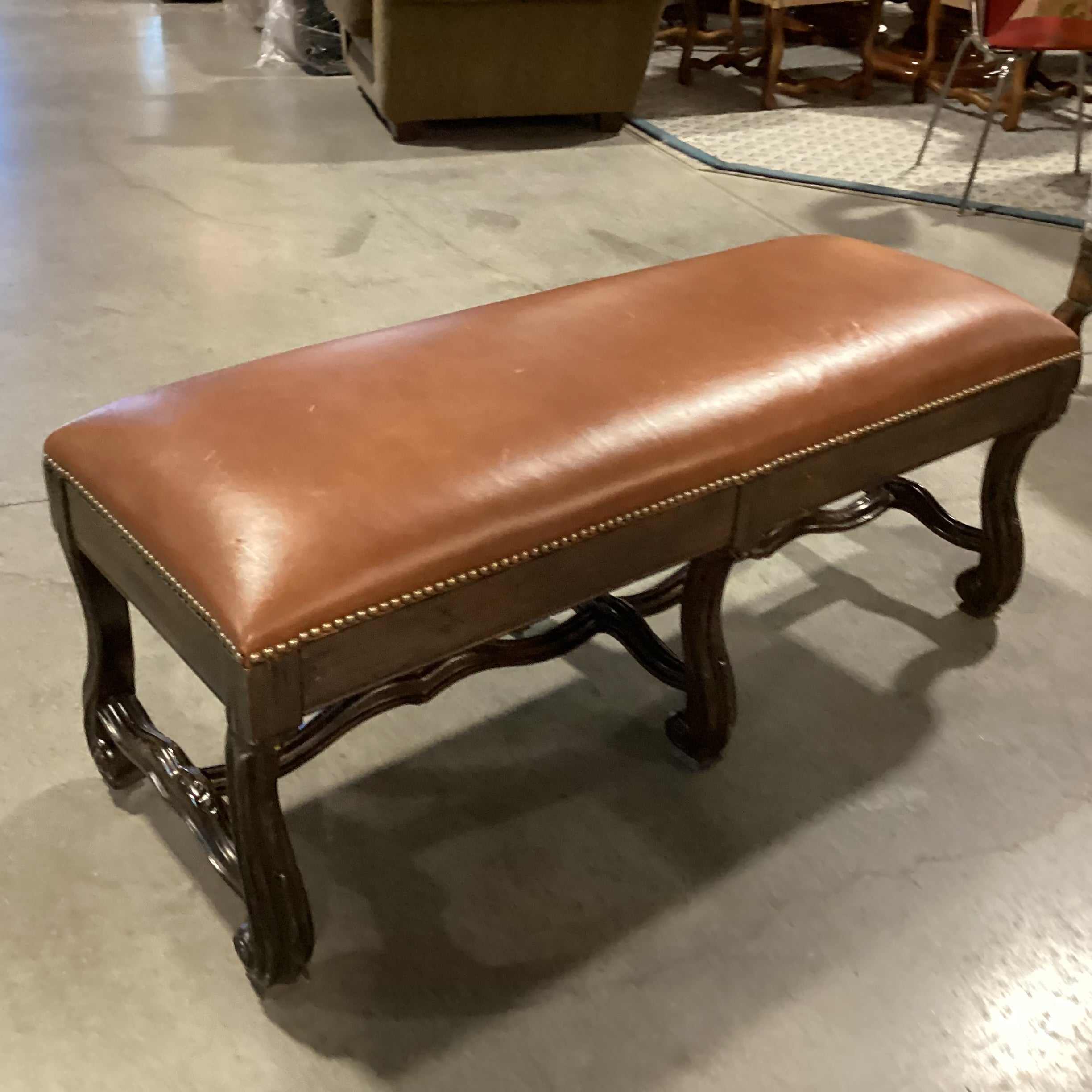 Lorts Leather Nailhead With Dark Finish Ornate Carved Trestle Bench 48"x 19"x 20"