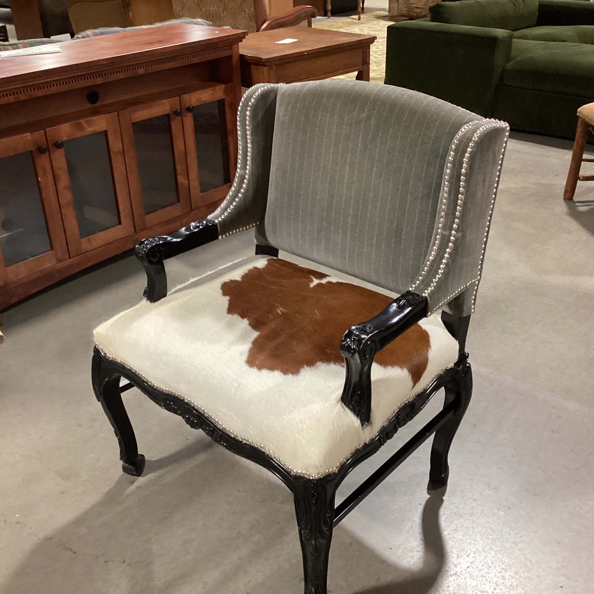 Carved Wood Cowhide & Grey Velvet Nailhead on Casters Chair 28"x 25"x 37"