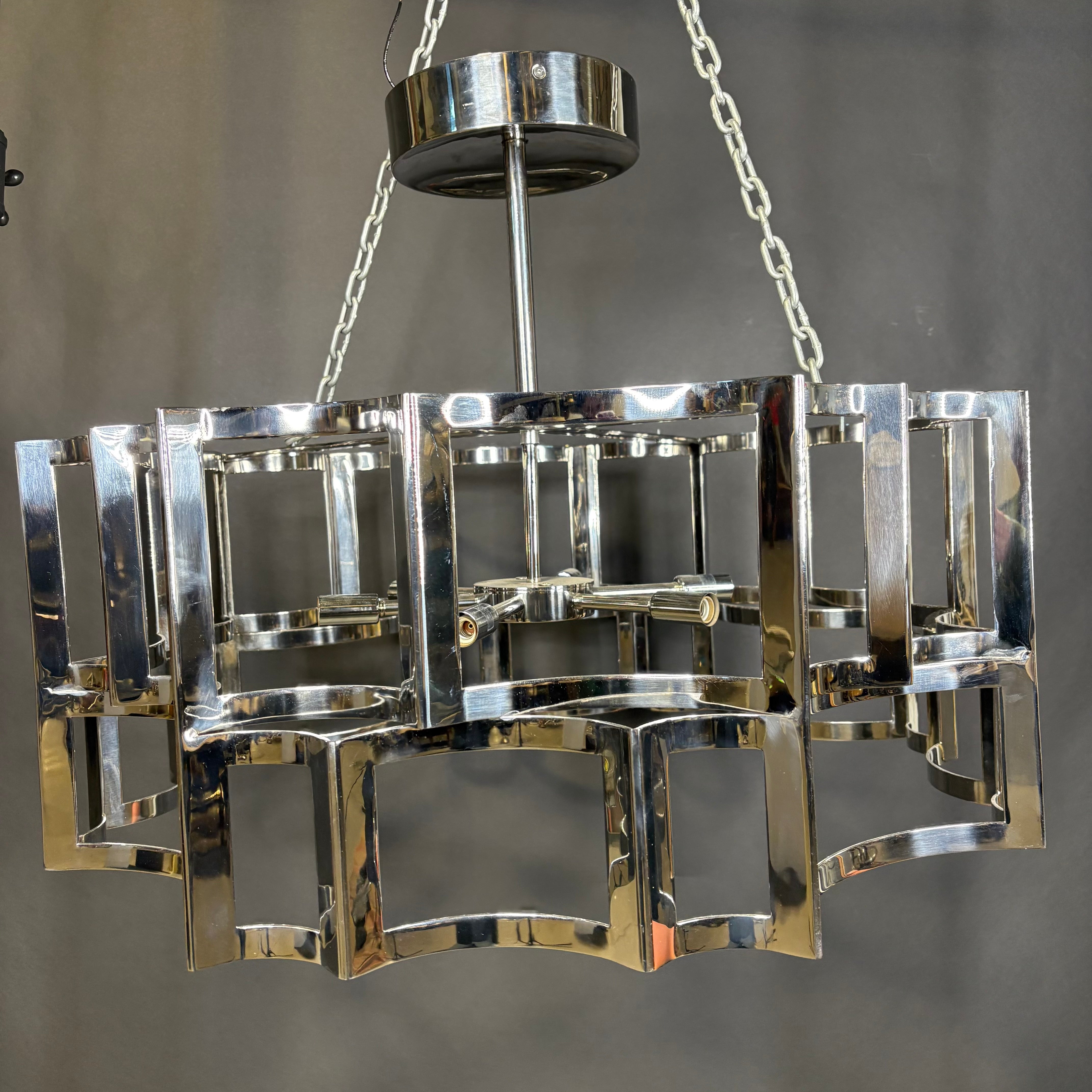 Art Deco Modern 6-Light Chrome Cage Semi Flush Chandelier 31” Diameter x 22”