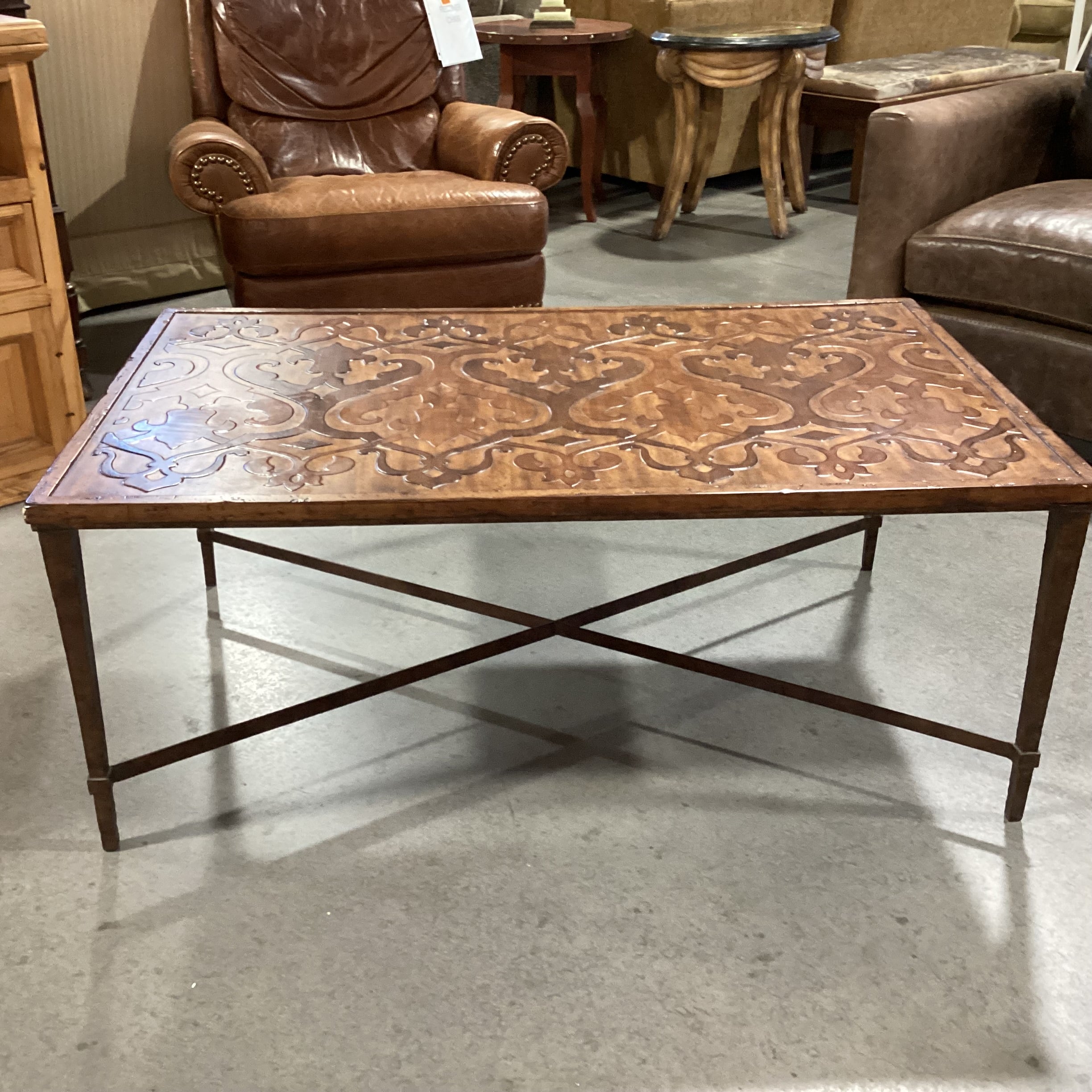 Ornate Hand Carved 2 Tone Distressed Wood & Iron X Stretcher Base Coffee Table 50"x 31"x 20"