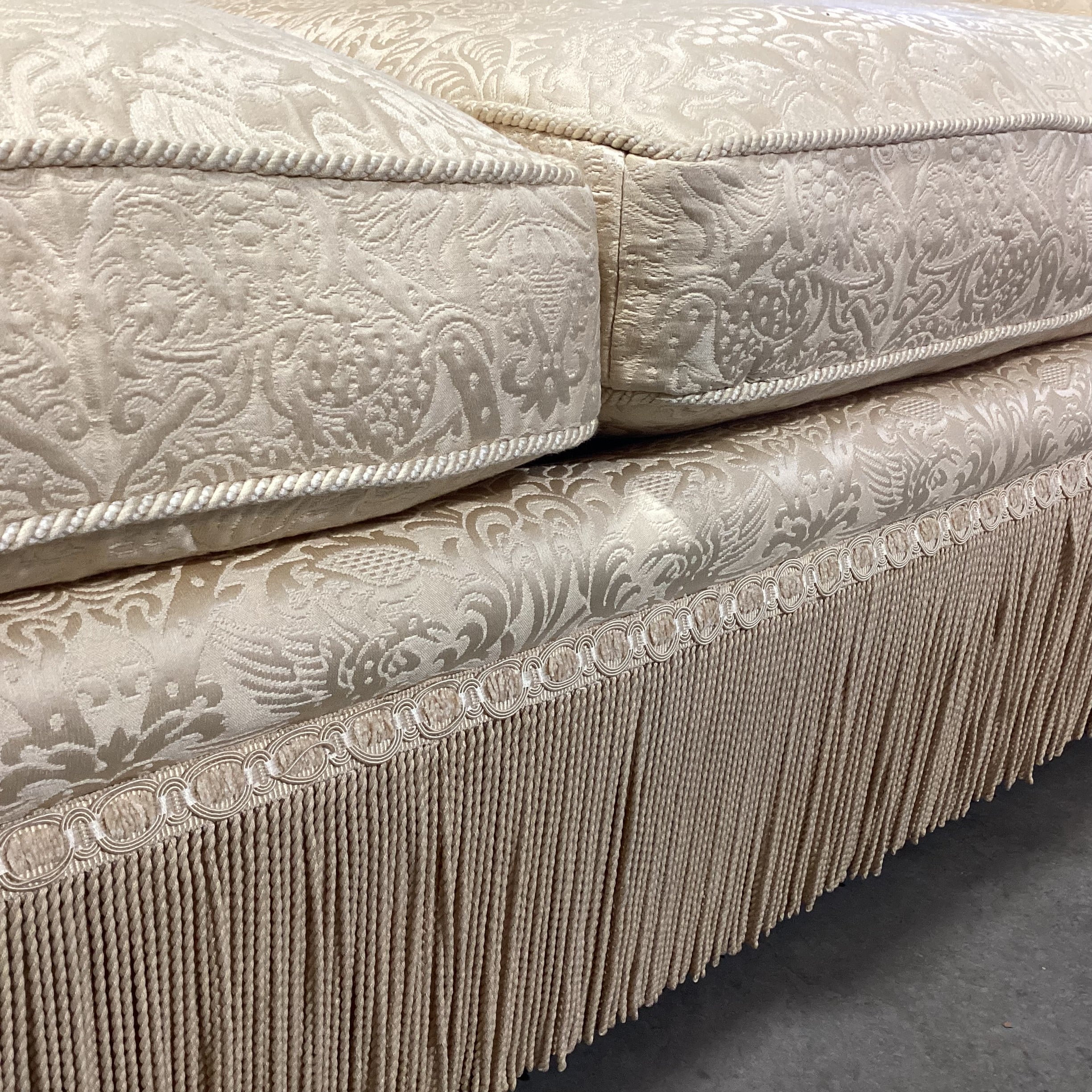 Custom Gold Raised Stitched Floral Urns with Piping & Fringe Down Mix High Back Sofa 102"x 41"x 41"