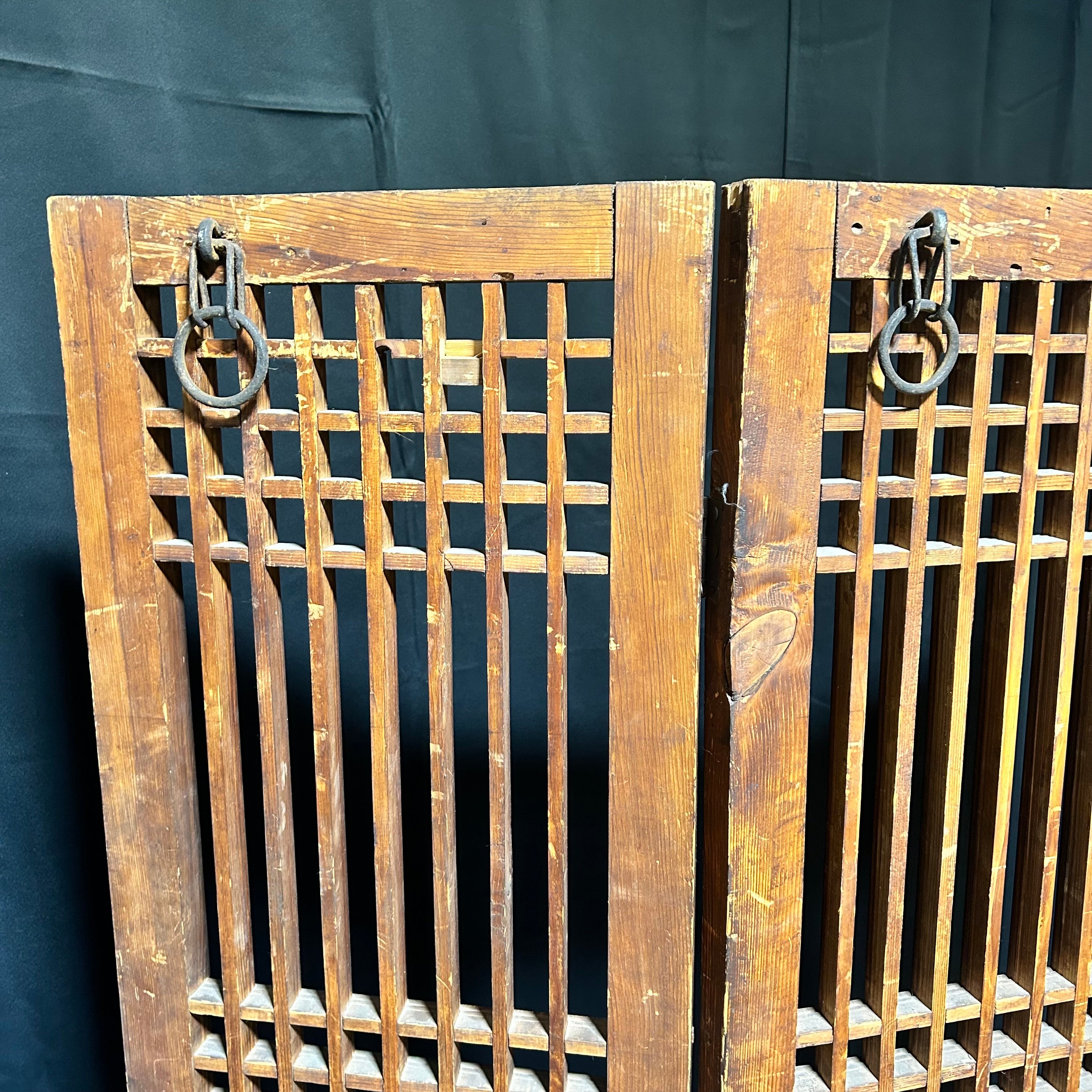 Oriental Antique Four-Panel Wooden Screen With Iron Hardware 62"x 64"