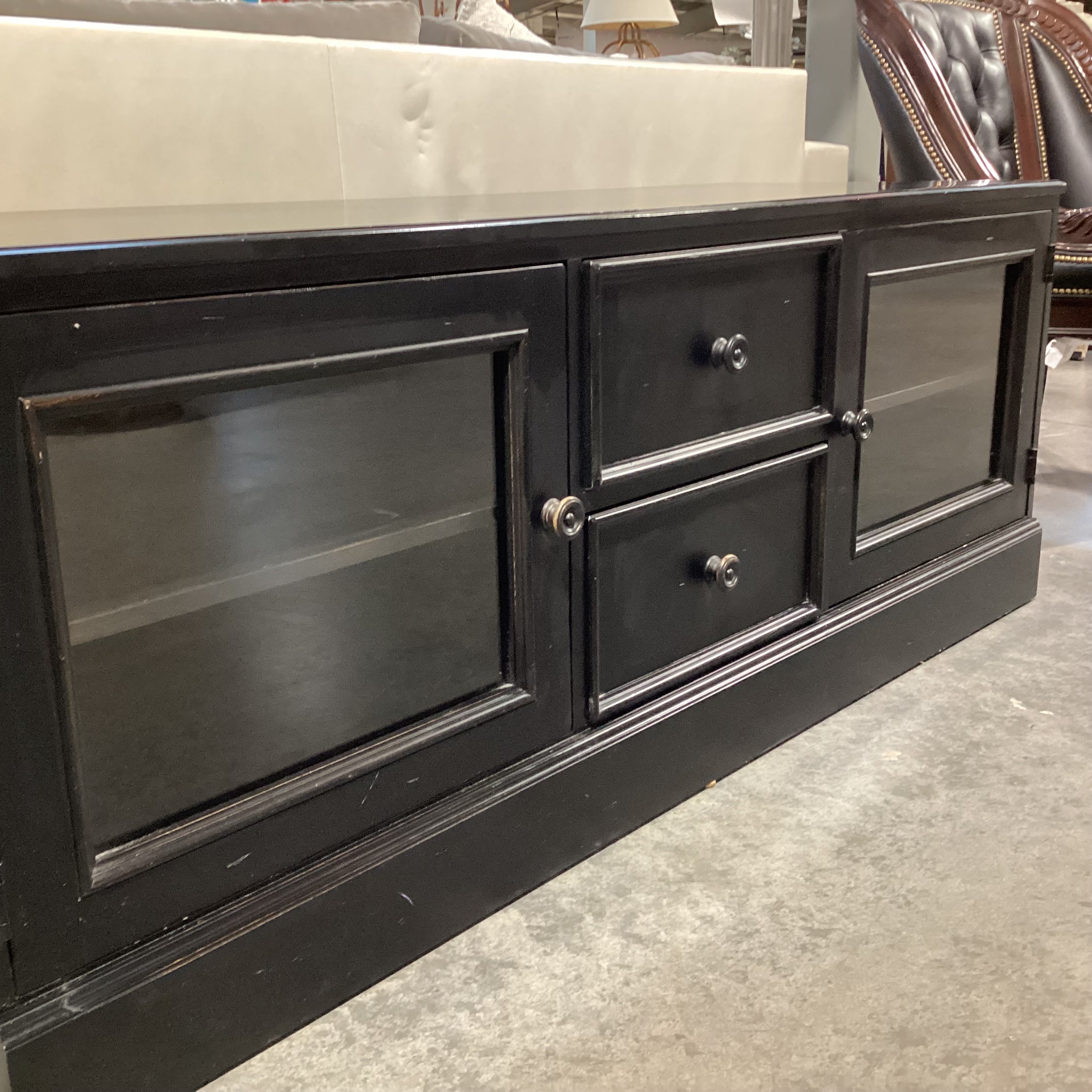Ethan Allen New Country Distressed Black Wood 2 Glass Door with Shelves 2 Drawer Console 60"x 21.5"x 23"