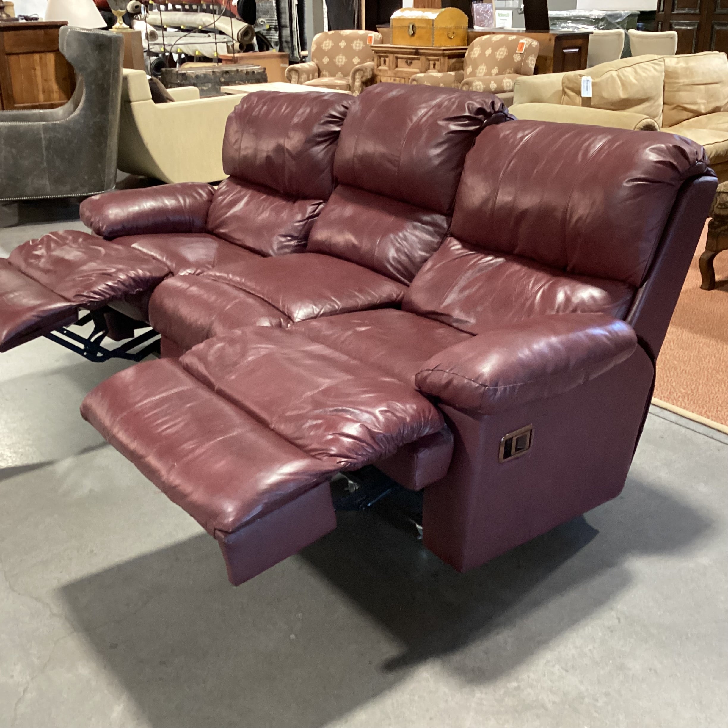 Lane Burgundy Leather Double Recliner on Casters Sofa 85"x 42"x 40"