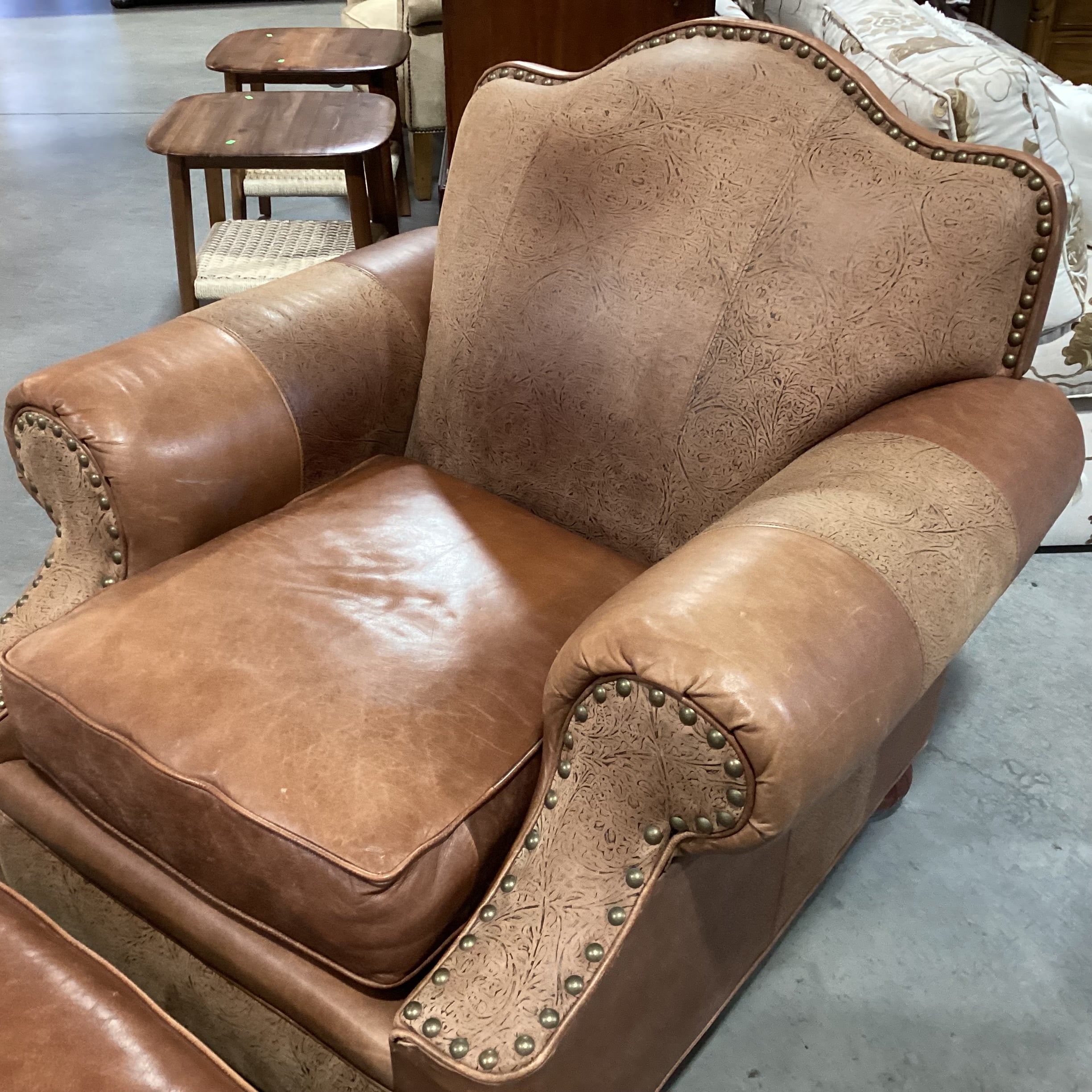 Bab Timberlake for Lexington Leather Nailhead Embossed Detail with Ottoman Chair 39"x 39"x 36"