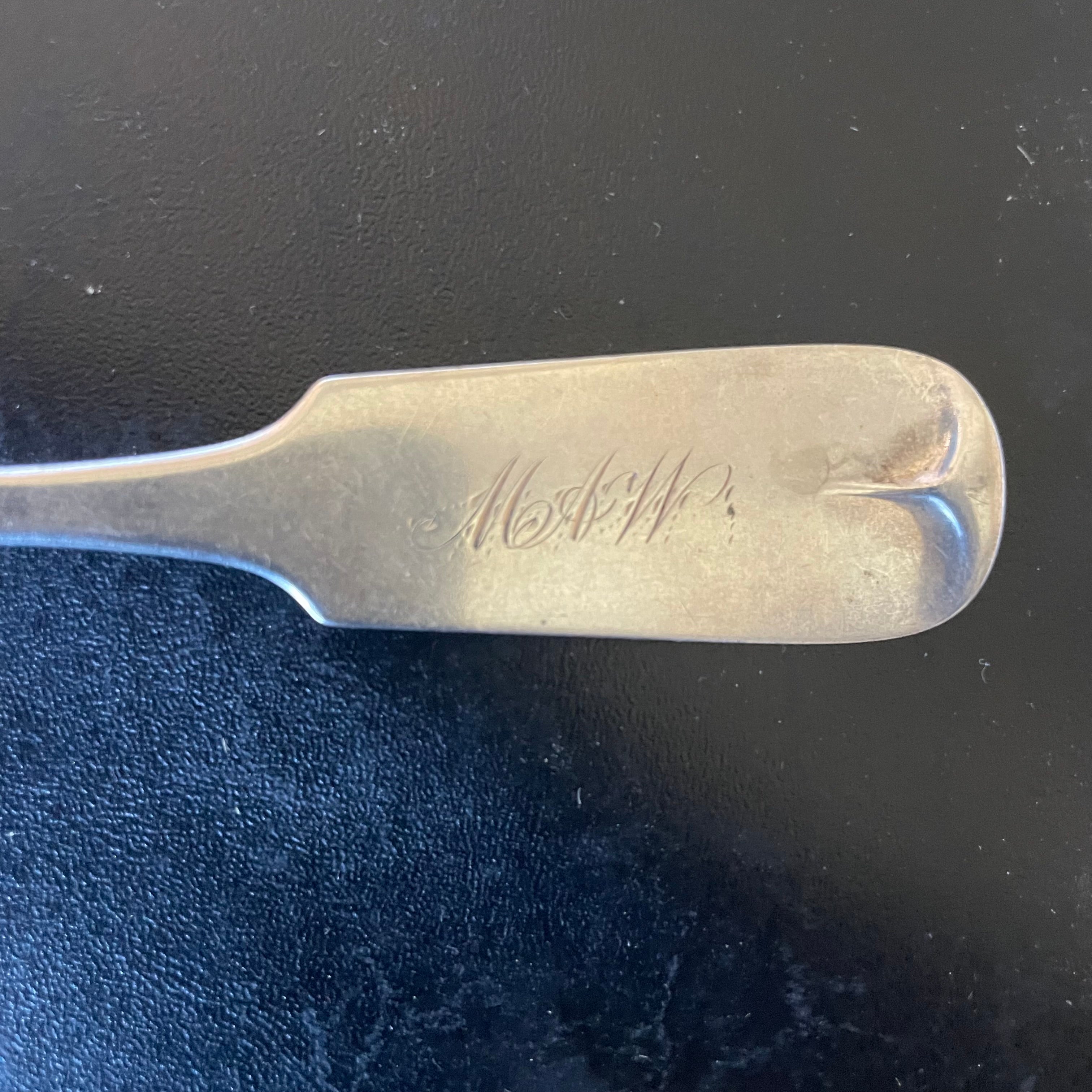Set of 6 Antique Coin Silver Fiddleback Teaspoons, Made by Charles Lumsden 1830's