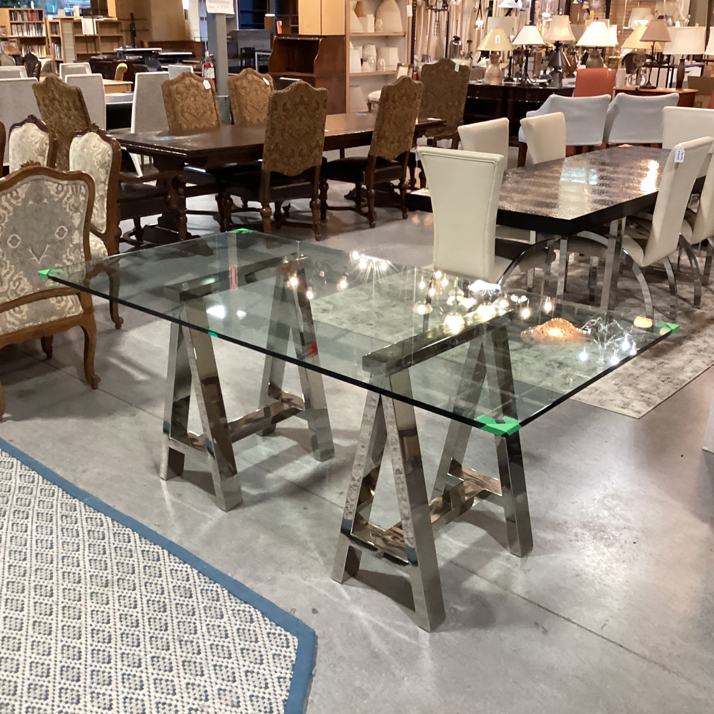 Chrome Sawhorse & Thick Glass Desk Dining Table 72"x 36"x 30.5"