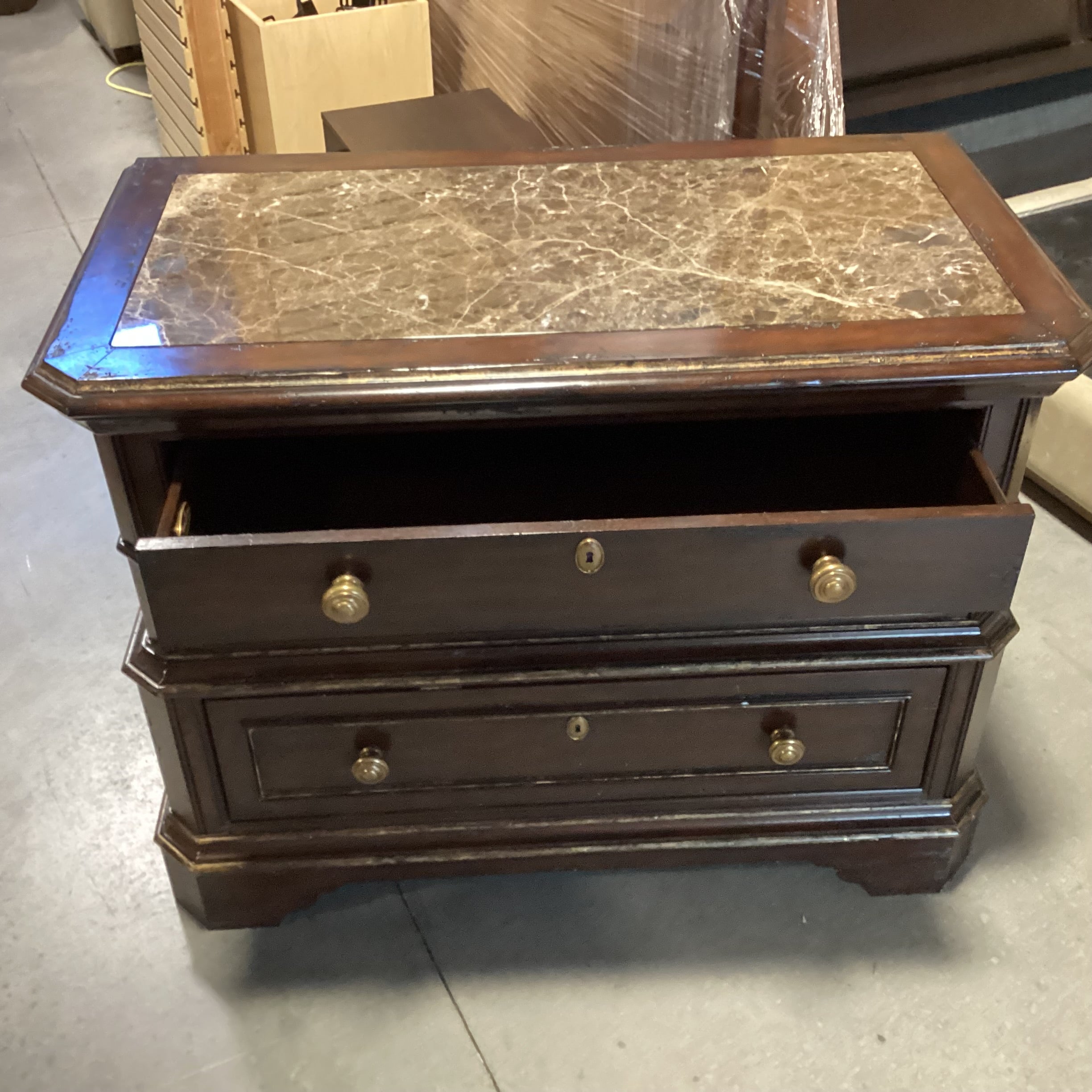 Marge Carson Antiqued Black with Gold Detail Solid Wood Marble Inset 4 Drawer with Brass Chest 46"x 24"x 35.5"