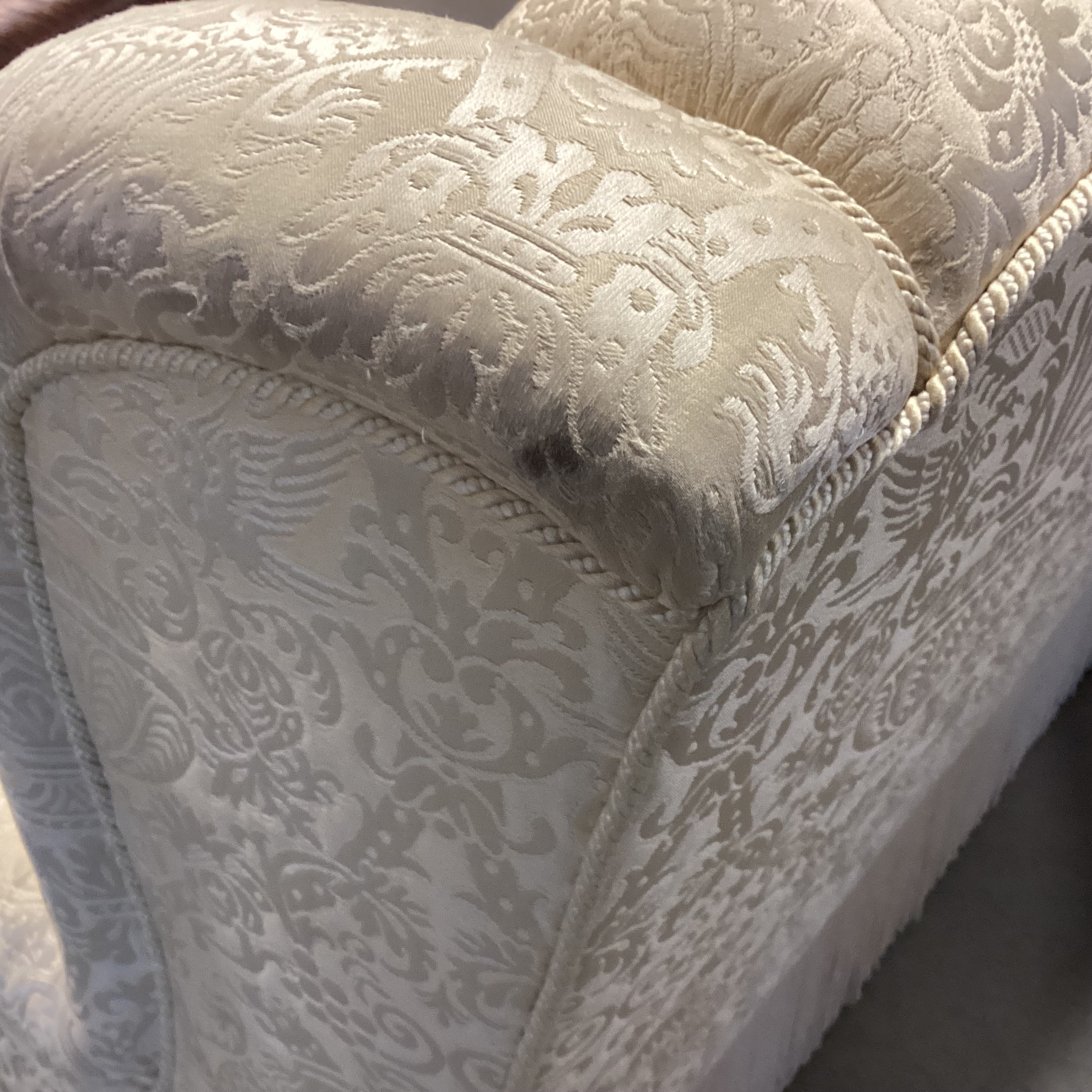 Custom Gold Raised Stitched Floral Urns with Piping & Fringe Down Mix High Back Sofa 102"x 41"x 41"