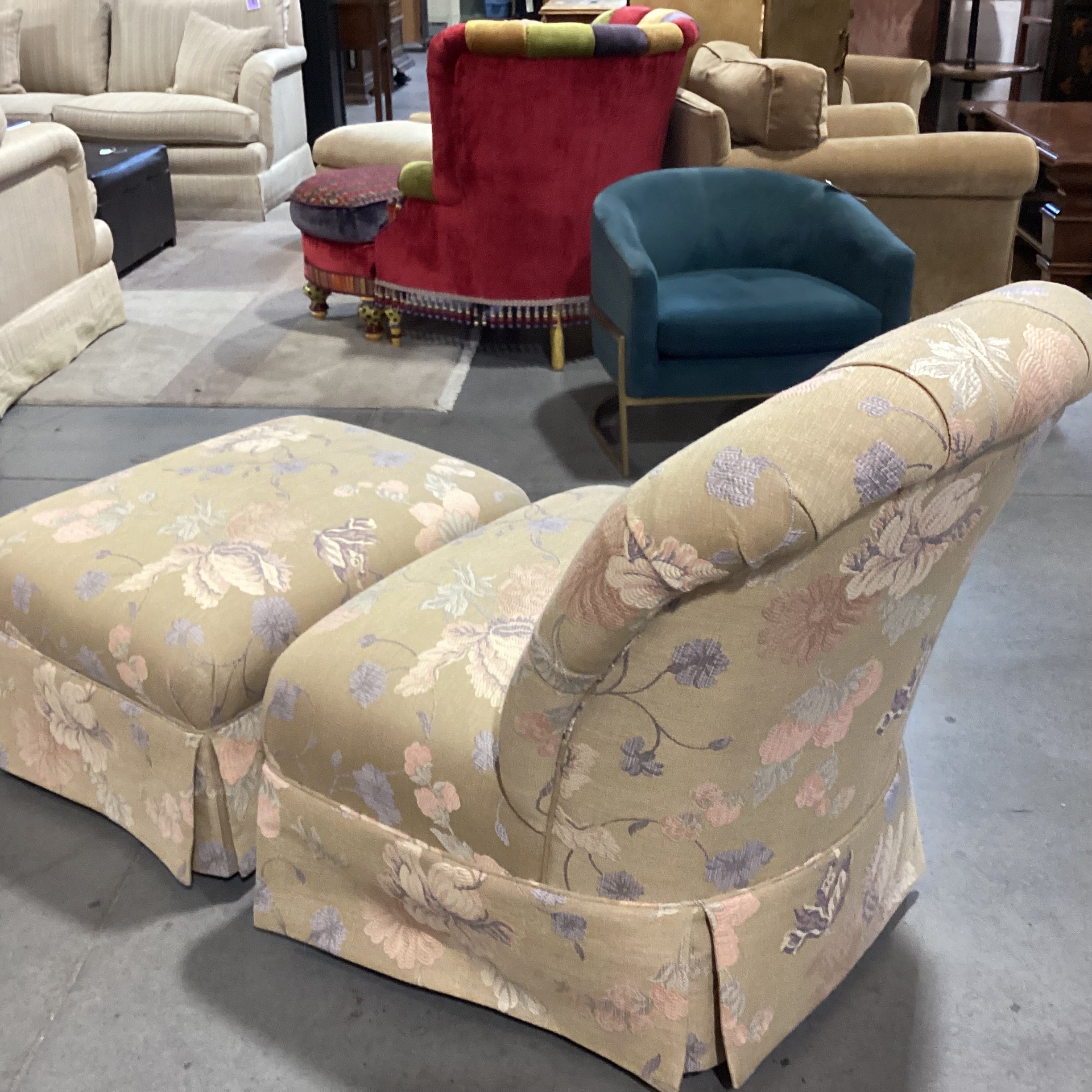 Custom Gold with Peach & Lavender Raised Stitch Floral Button Tufted with Ottoman Chair  31"x 34"x 35"