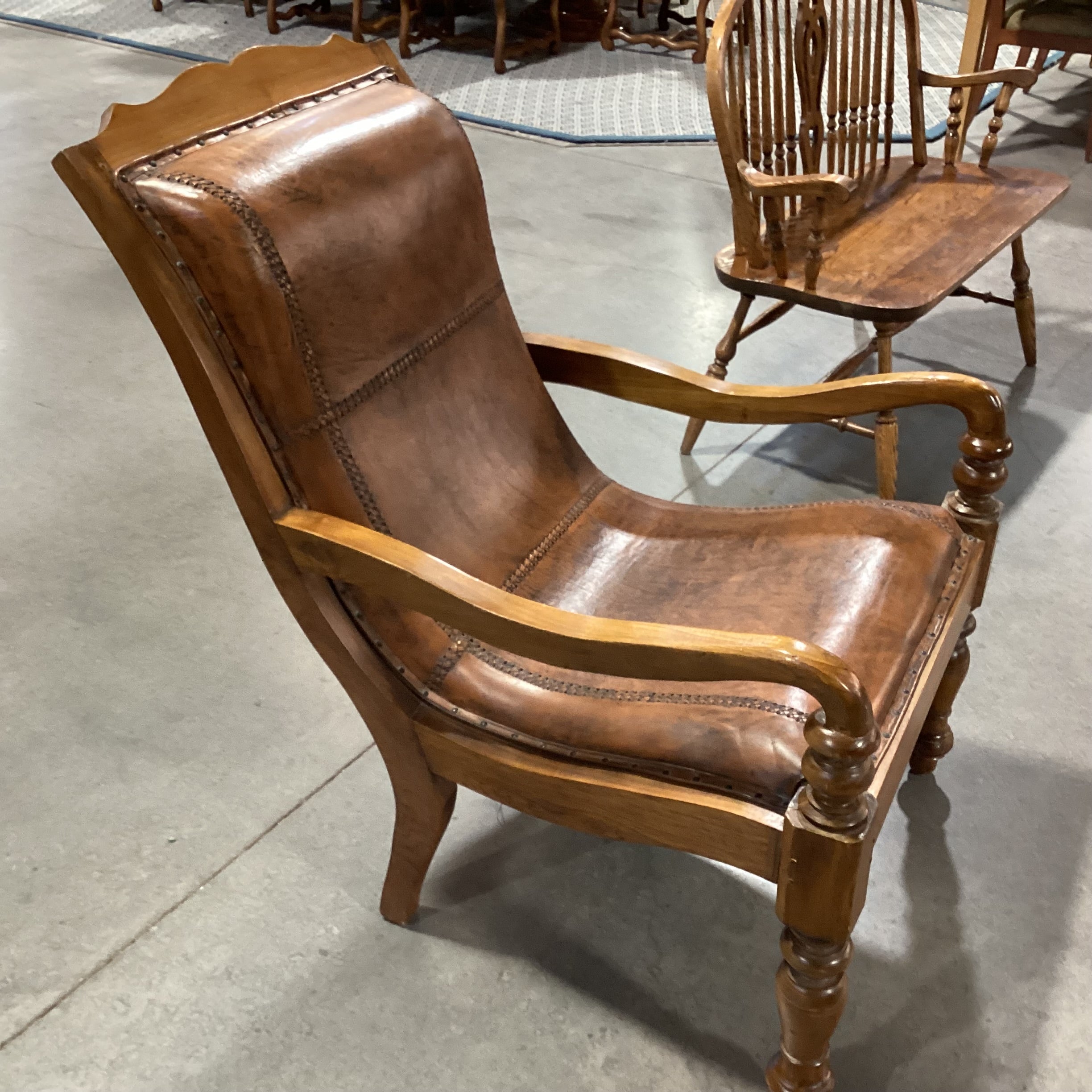 Carved Wood With Distressed Leather Nailhead Plantation Style Lounge Chair 29"x 34"x 39"