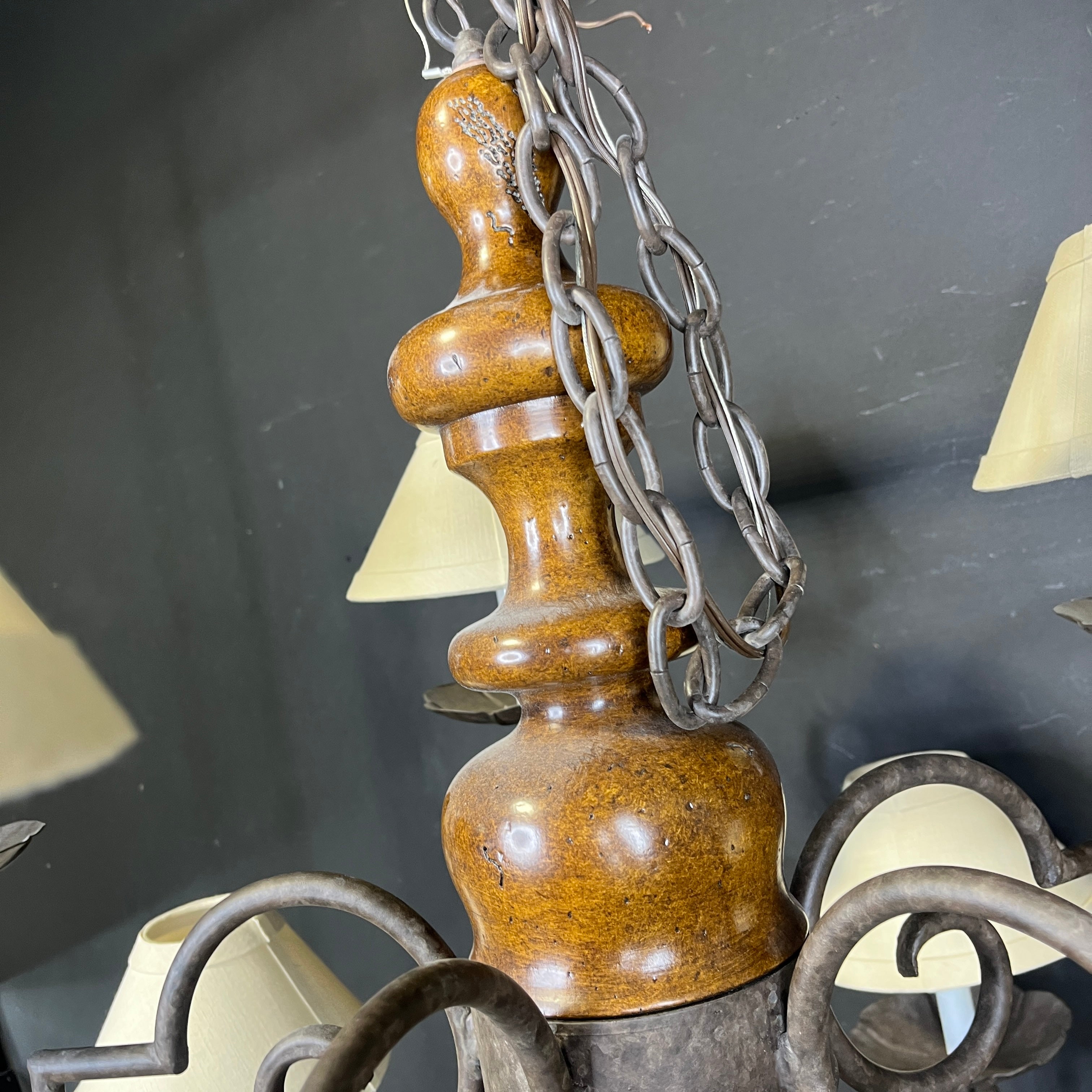 Vintage Romantic Tiered 10-Light Medium Finish Wood and Bronze Metal Arms with Shades Chandelier 40”x 35” - 54”