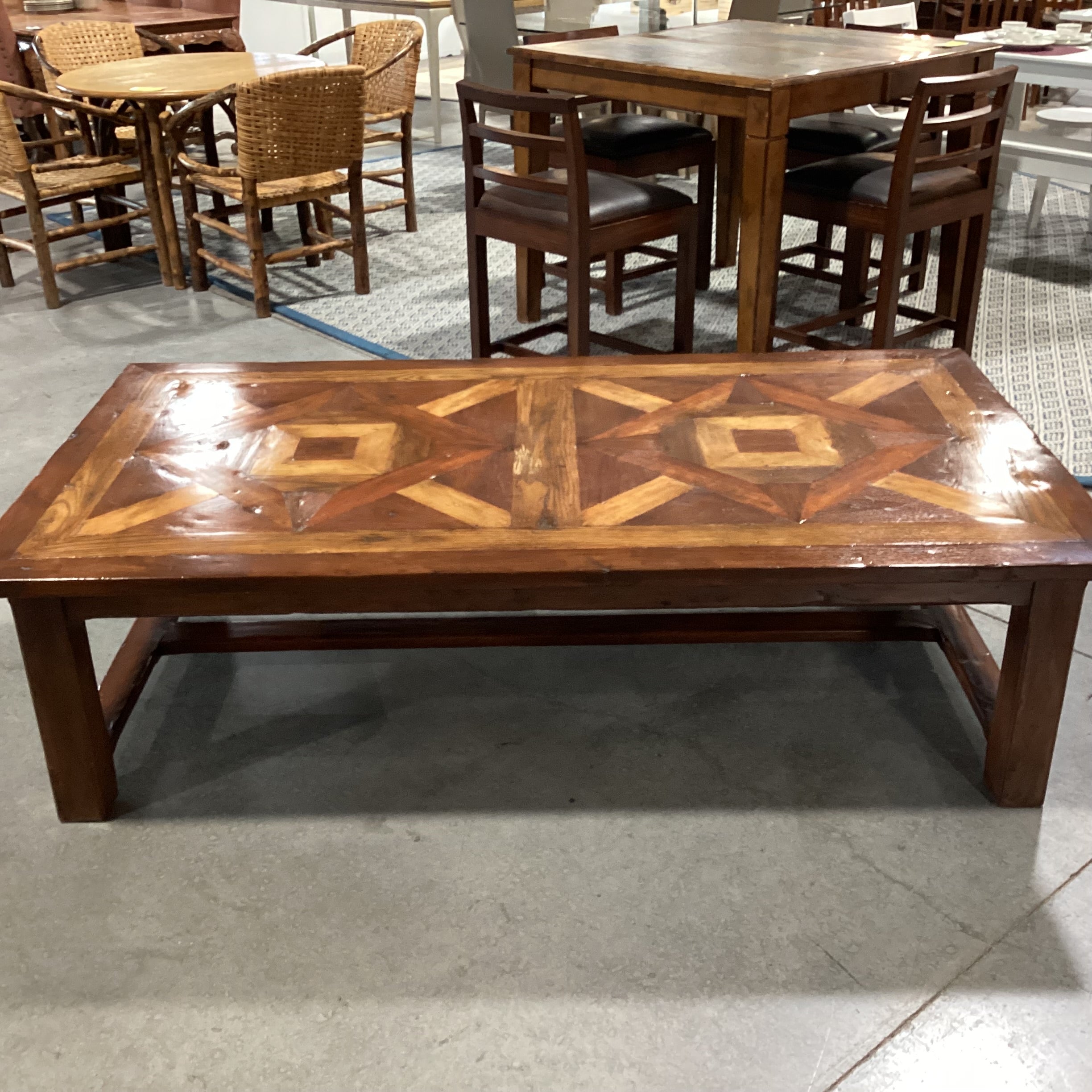 Rustic 2 Tone Finish with Inlay Design Top & Trestle Coffee Table 71.5"x 39.5"x 19.5"