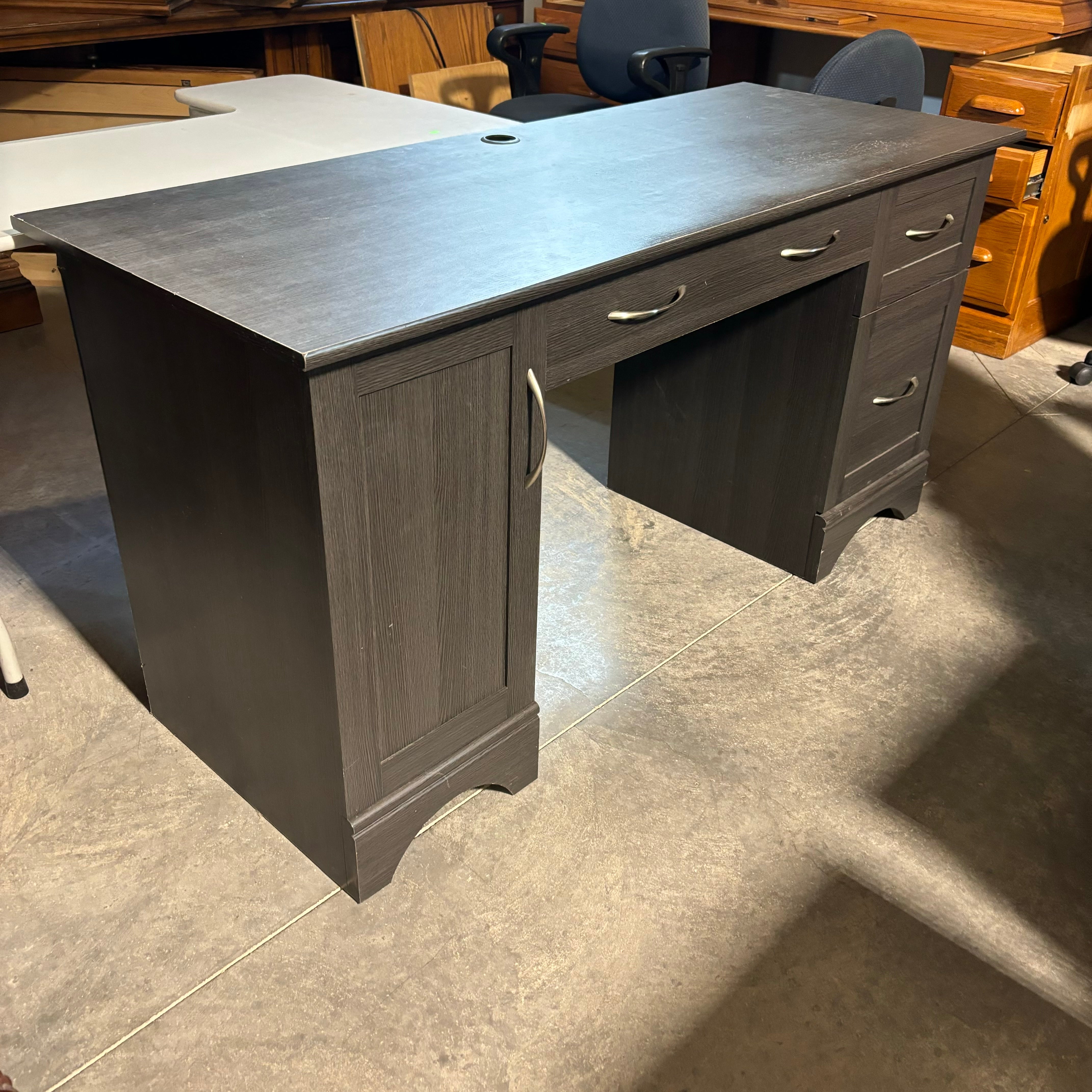 Dark Grey Veneer 3 Drawer 1 Door Desk 59.5"x 23.5"x 30"