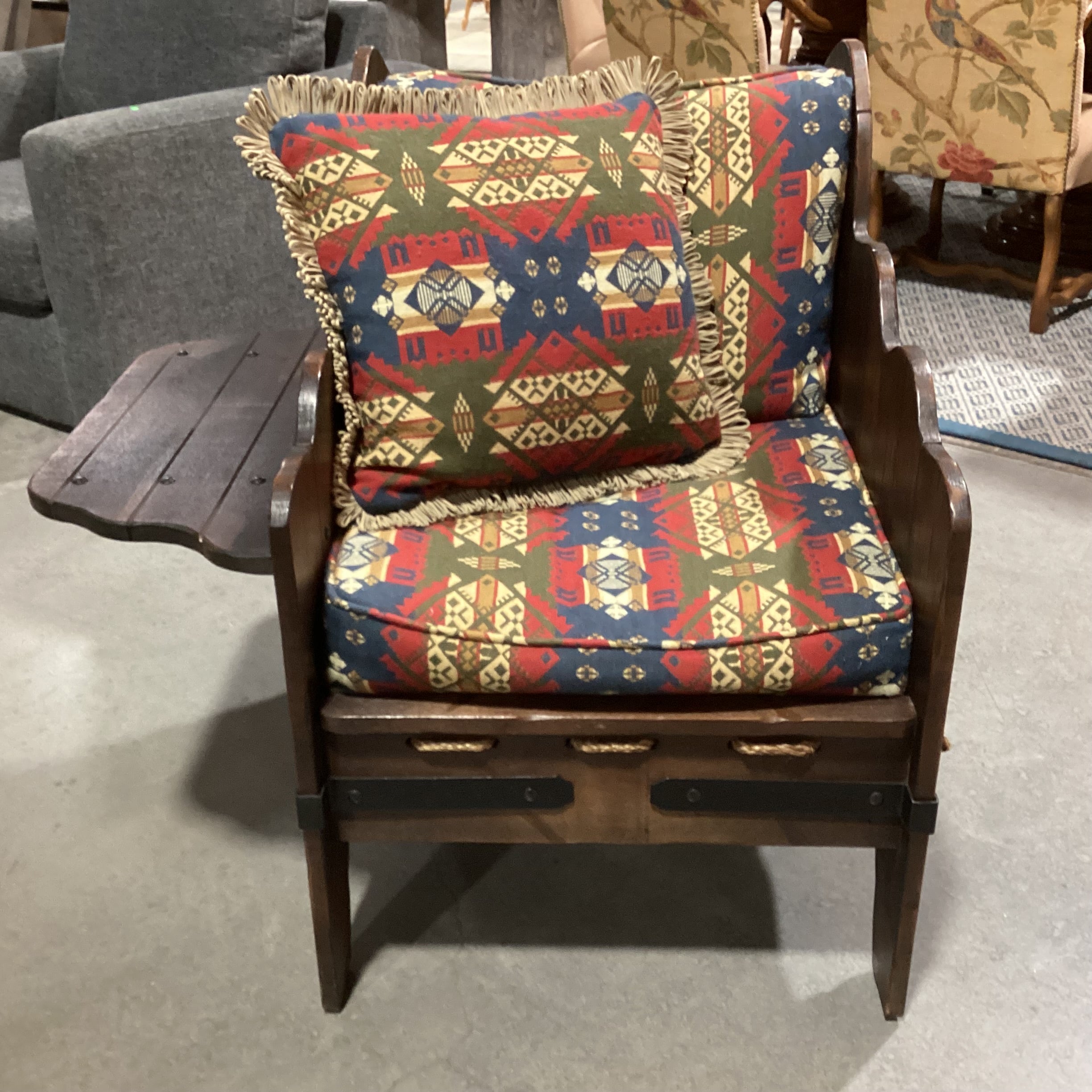 Art in Fine Forms Custom Dark Finish Plank Wood Iron & Rope Southwest Cushions with Side Table Chair 35"x 31"x 34"