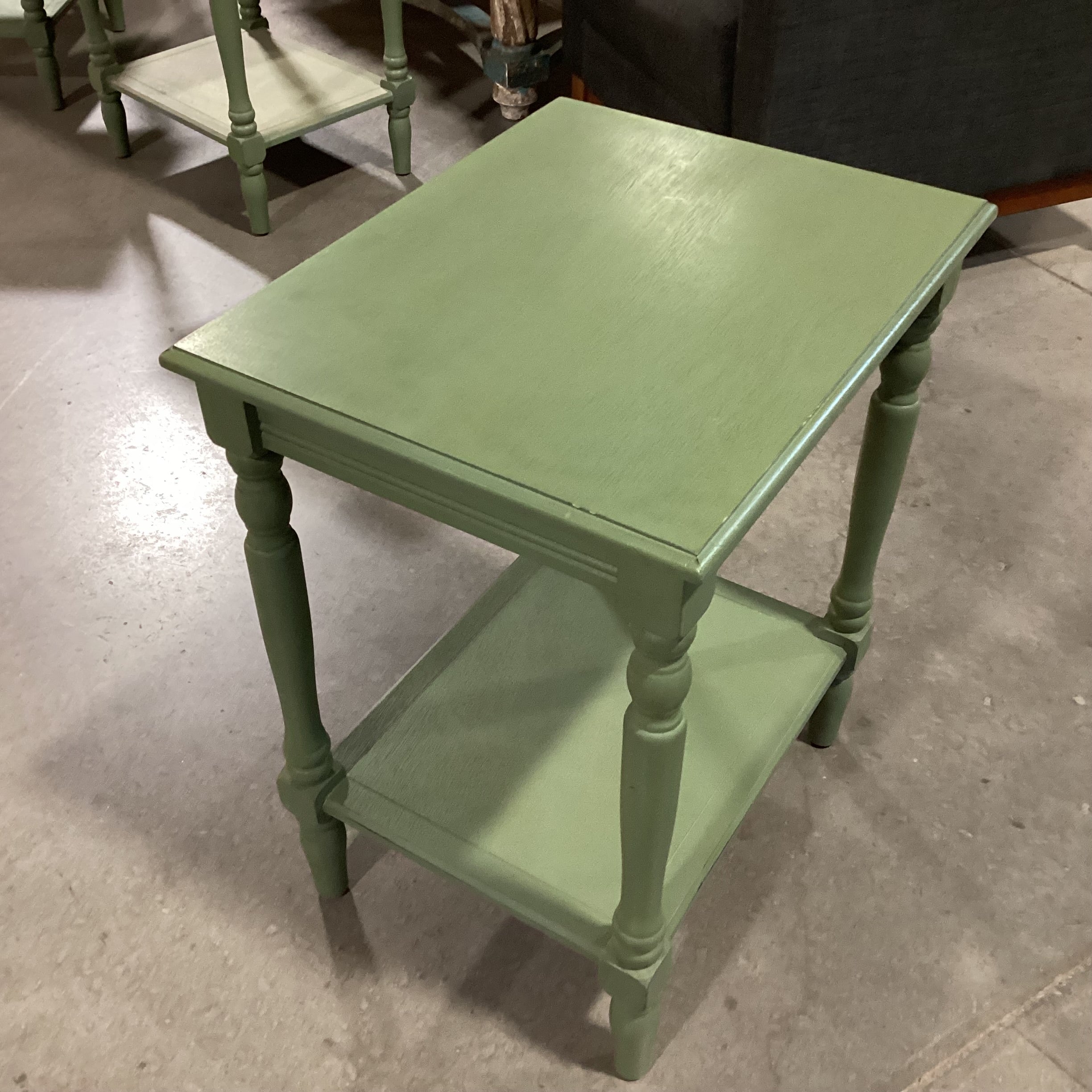 Green Painted Carved Wood 2 Tiered End Table  20"x 16"x 24.5"