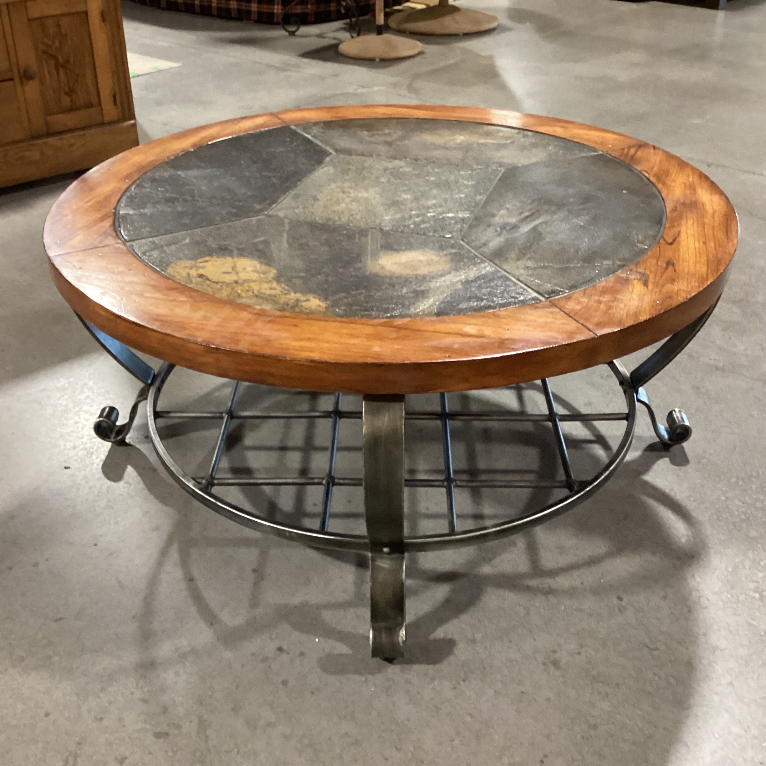 Round Wood Inset Slate Tile & Ornate Metal Base Coffee Table 42" Diameter x 20"