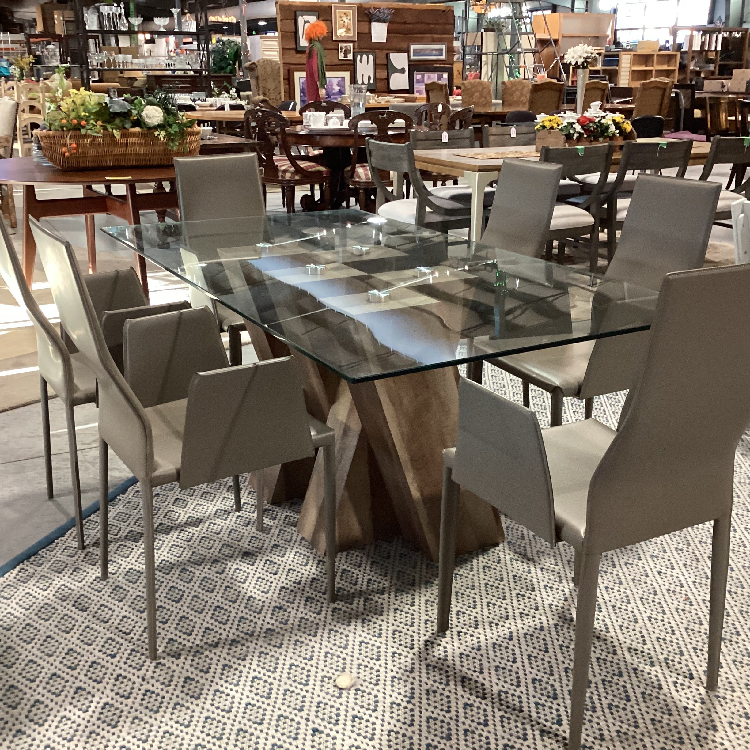 Modern Simulated Wood Grain Finish & Glass Table with 6 Taupe Regenerated Leather Wrapped Chair Dining Set 71"x 39"x 30"