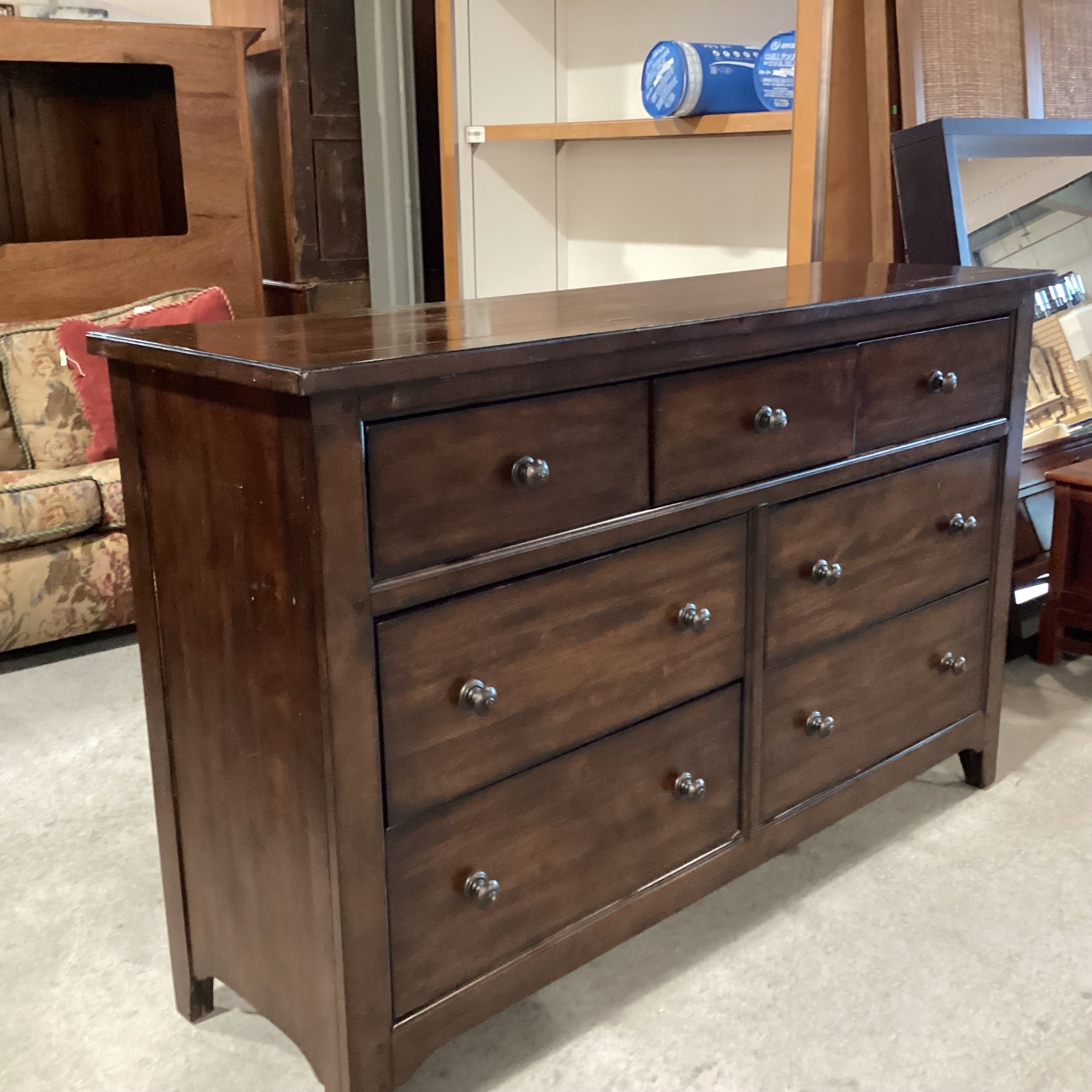 Dark Distressed Wood 7 Drawer Dresser 62"x 19"x 39"