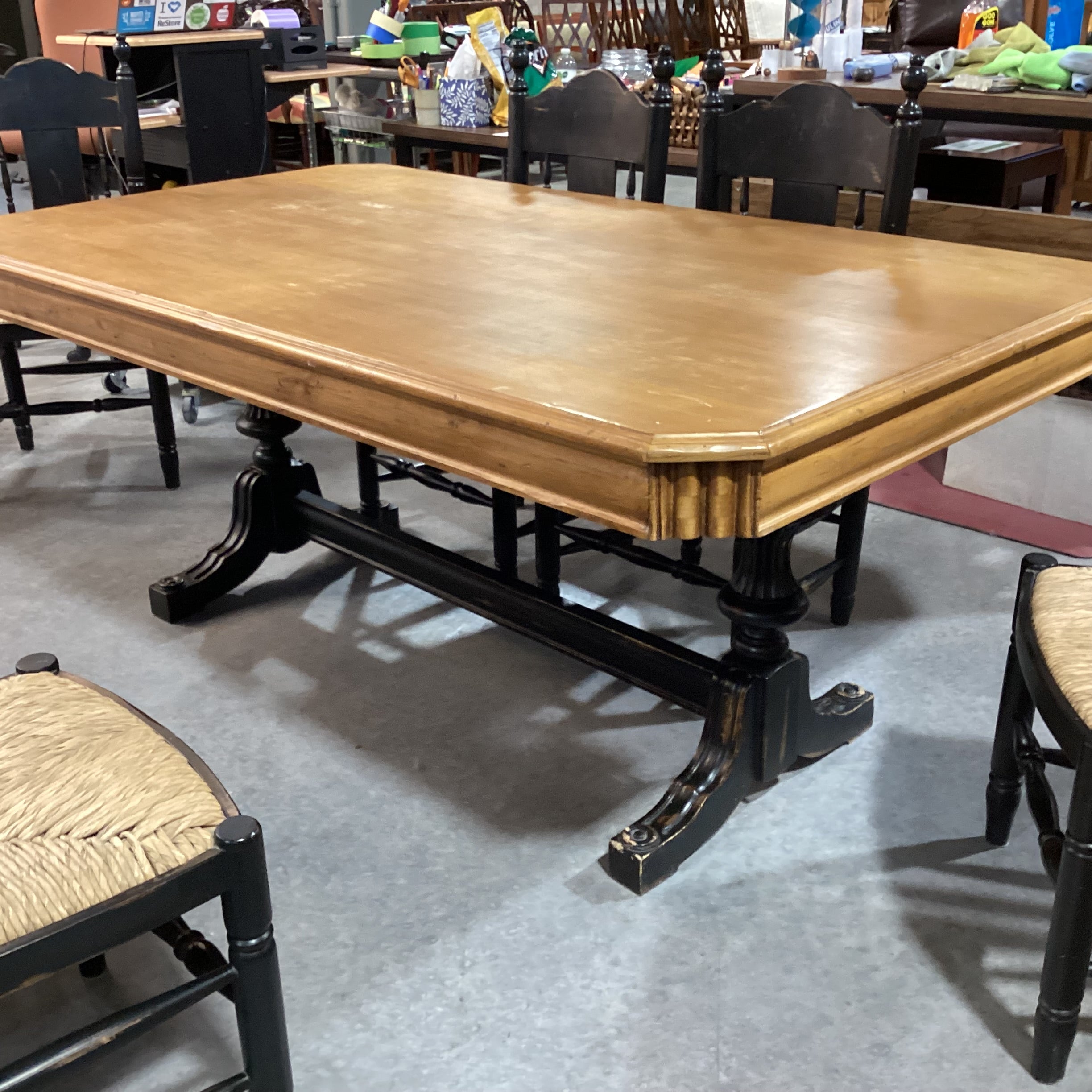 Country Distressed Black & Natural with Trestle Table & 6 Chairs Dining Set 72"x 42"x 31"