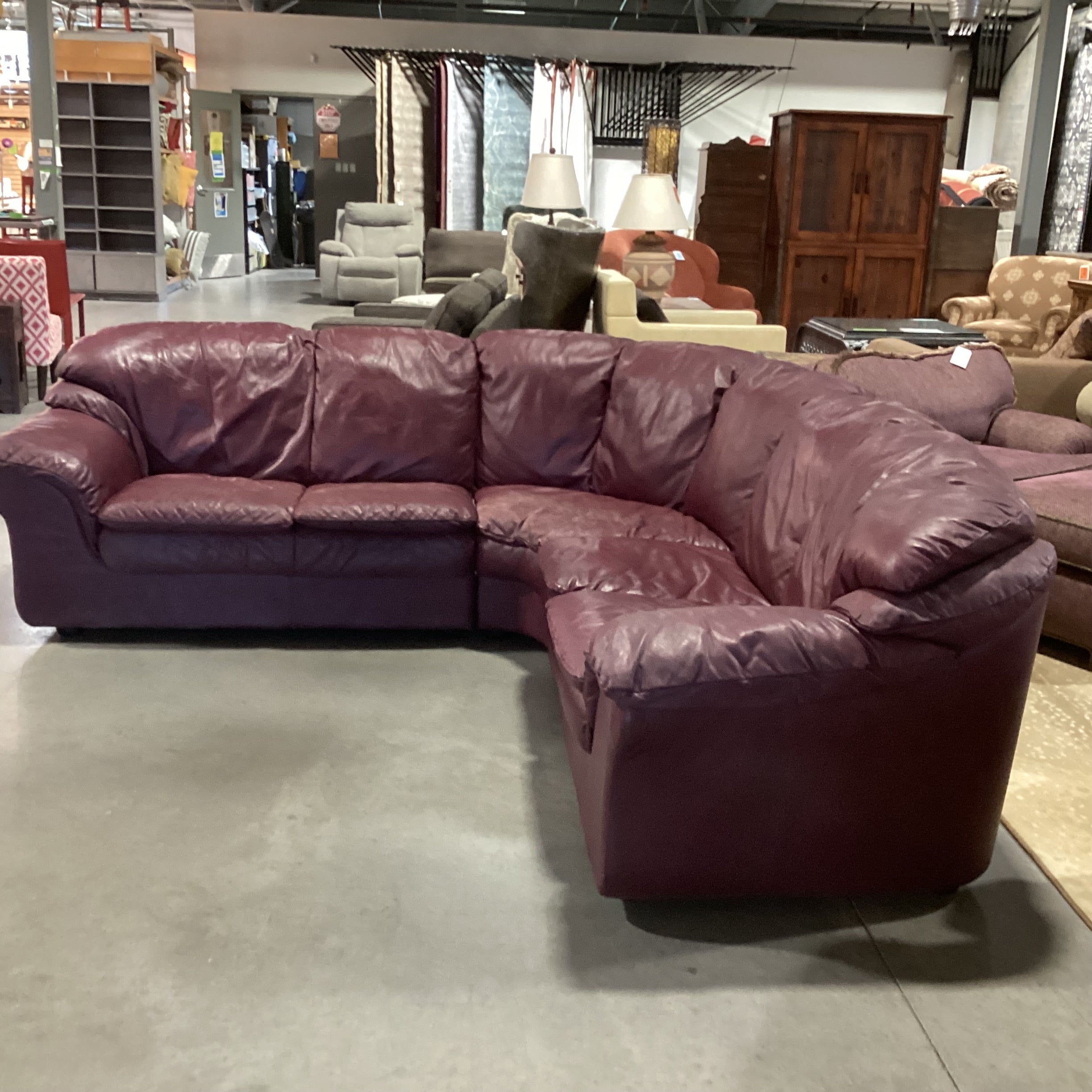 Burgundy Leather 3 Piece Sectional 85"x 85"x 37"