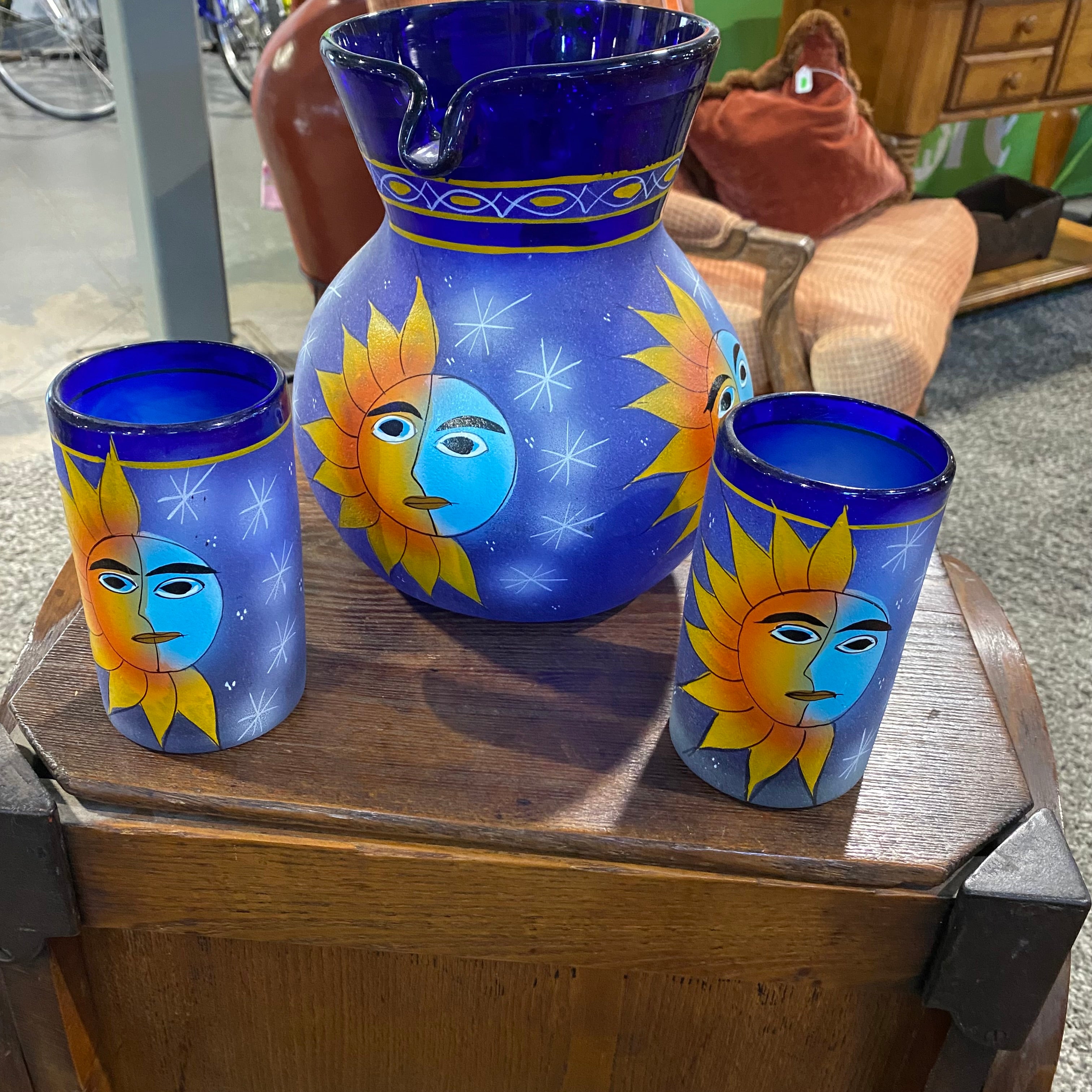Moon Pitcher Celestial Sun & Moon Design Pitcher with 6 Glasses in Wire Stand Set 1 ...
