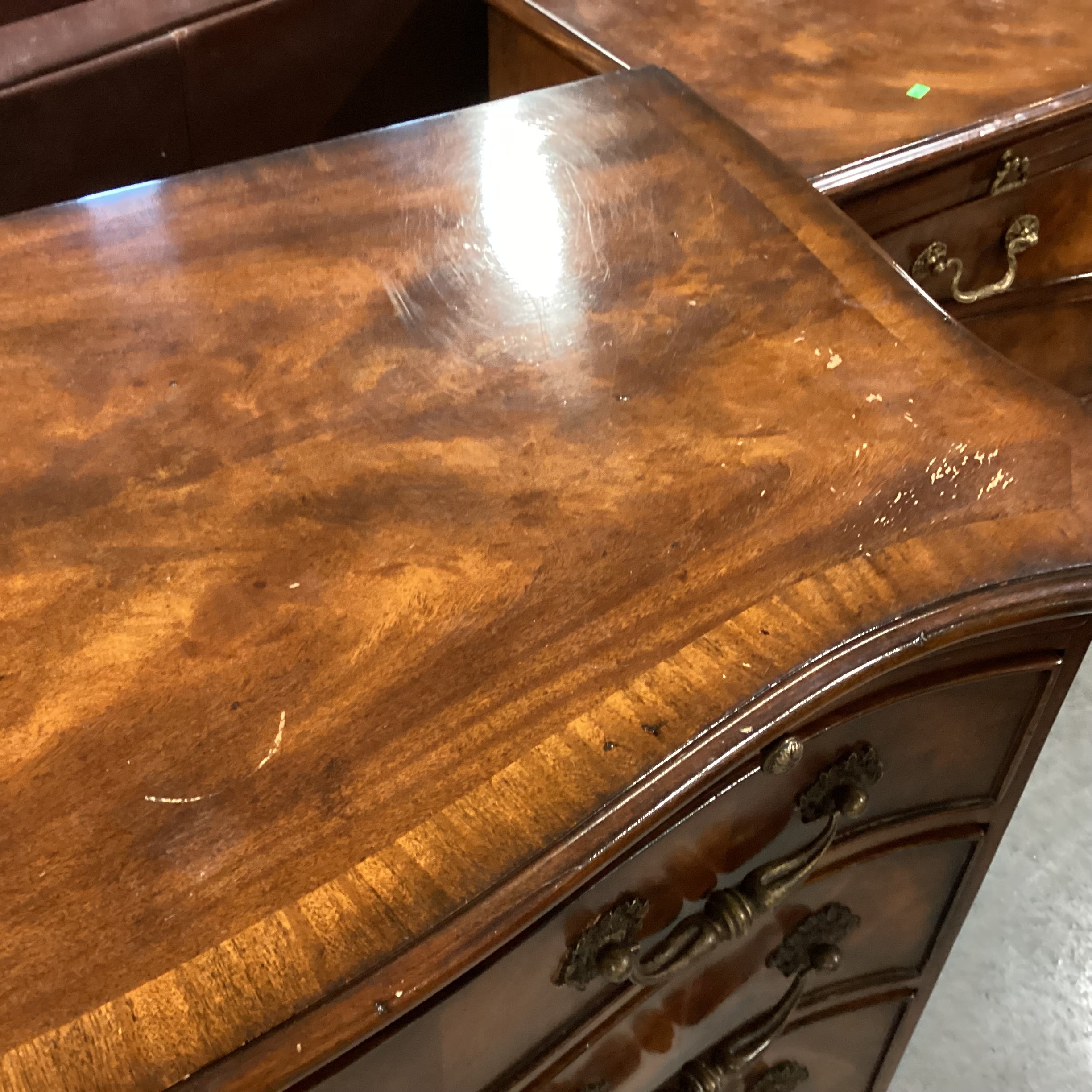 Theodore Alexander Flamed Mahogany Veneer & Carved Wood Ornate Brass Accent 4 Drawer with Leather Top Pullout Chest 43"x 20"x 36"