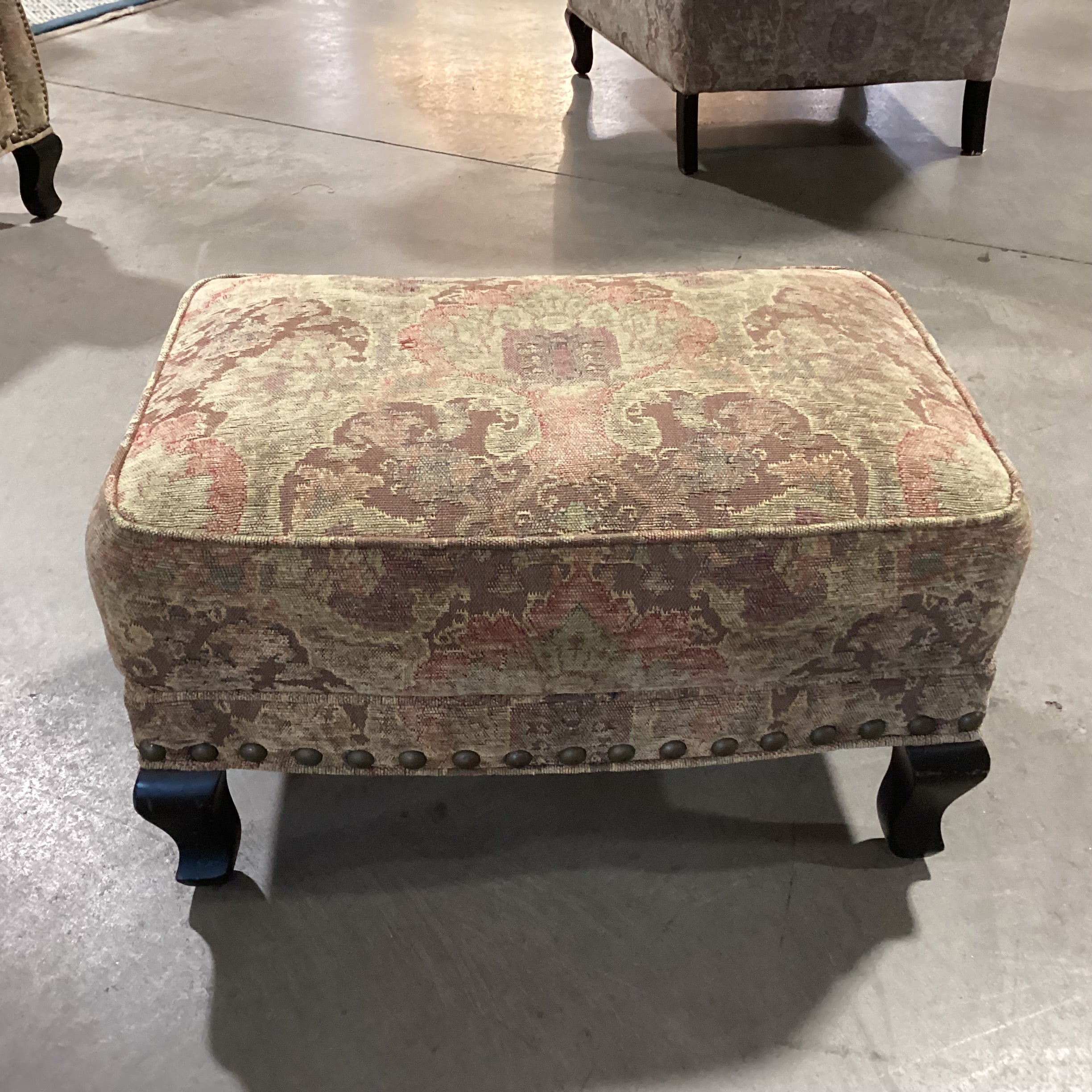 Arhaus Brown & Sage Chenille Woven with Nailhead Ottoman 28"x 20"x 15"