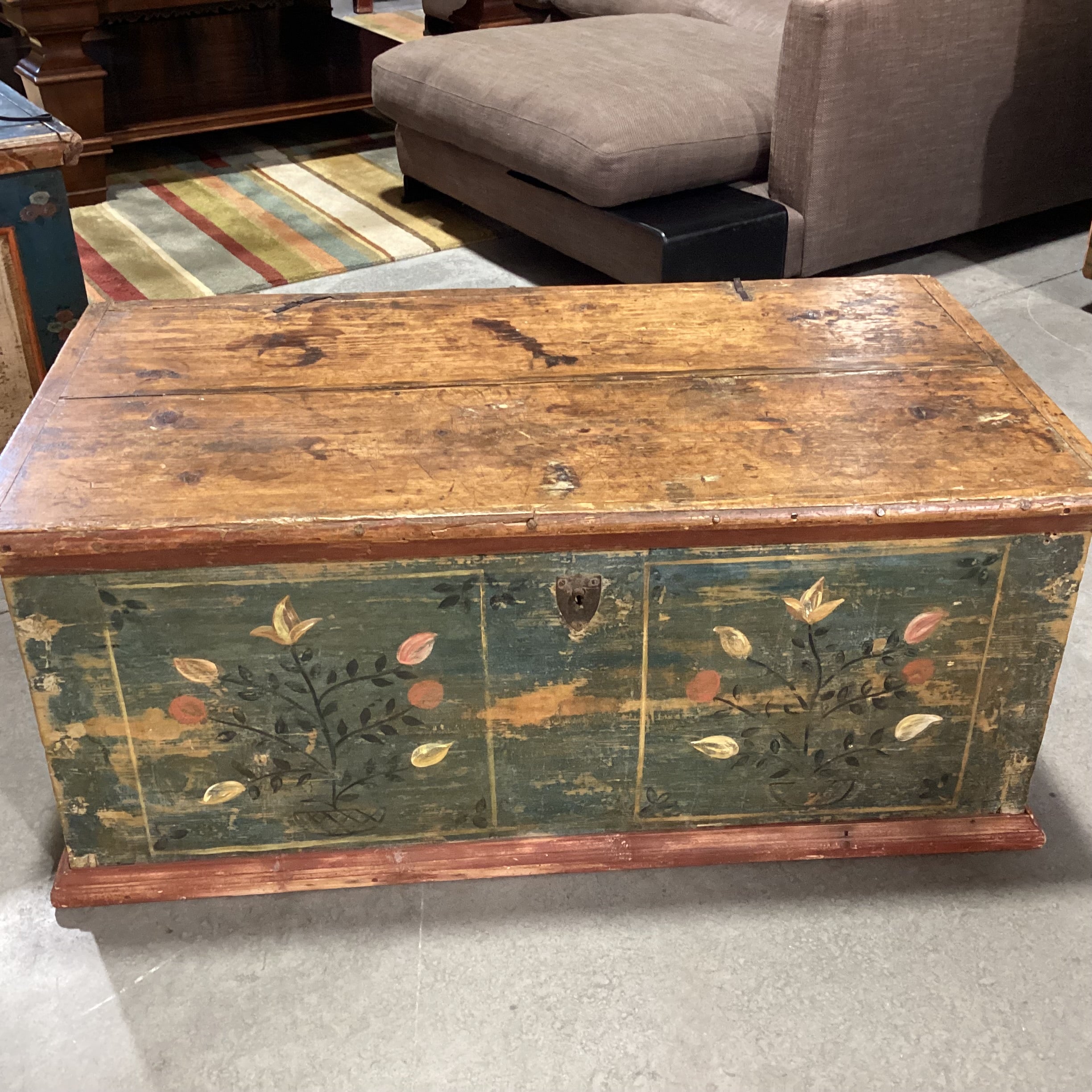 Antique Carved Wood with Hand Painted Floral Panel Trunk 42.5"x 23"x 18"