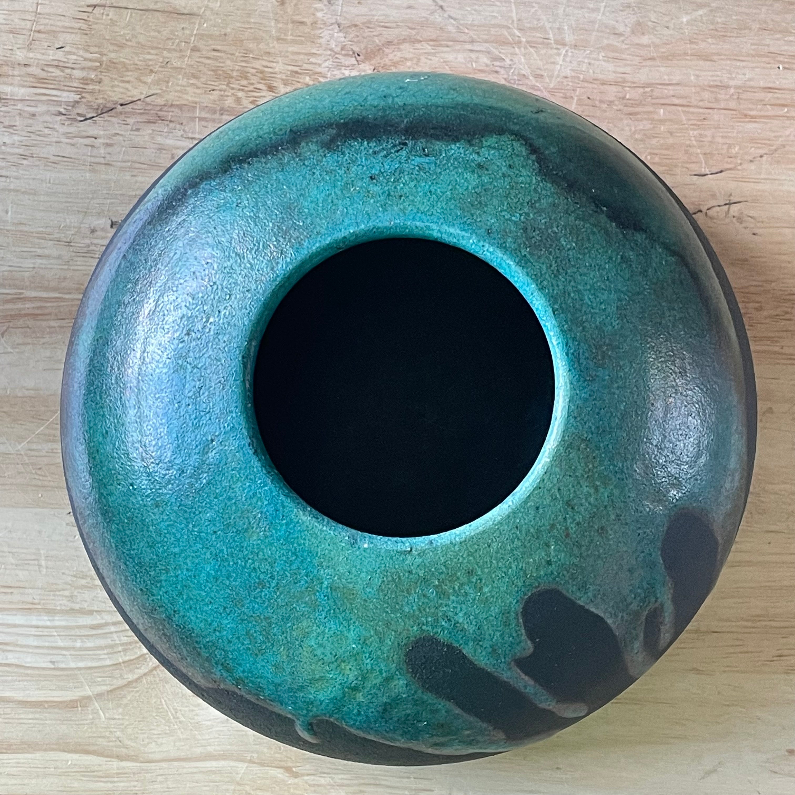 Robbrecht Troost Signed Raku Vibrant Turquoise Glaze, Matte Black Ceramic  Ikebana Vase, 9"x 3"
