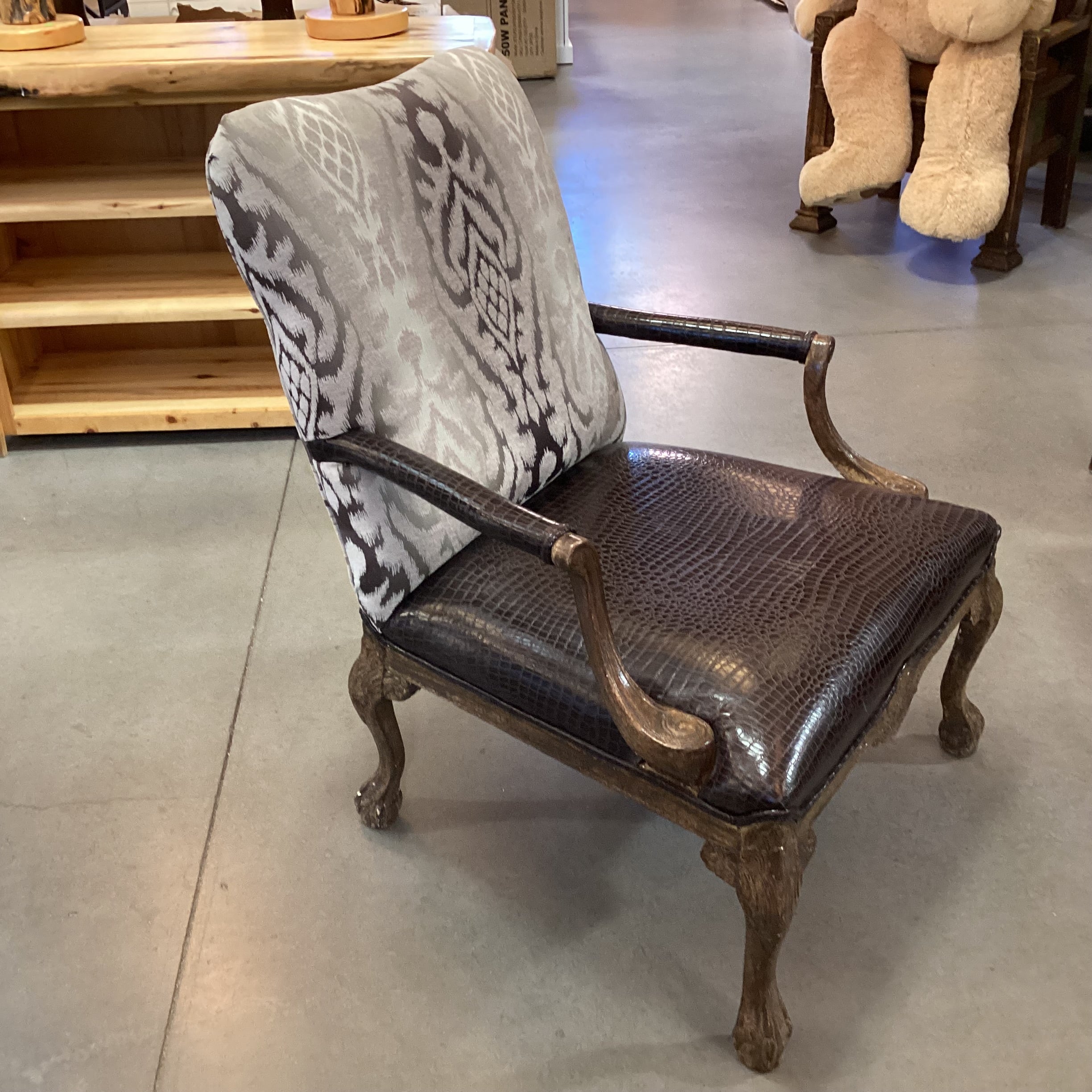 ARA Collection Croc Style Leather Raised Ivory Velvet & Brown Metallic Woven with Crackle Finish Claw & Ball Carved Wood Chair 29"x 32"x 39"
